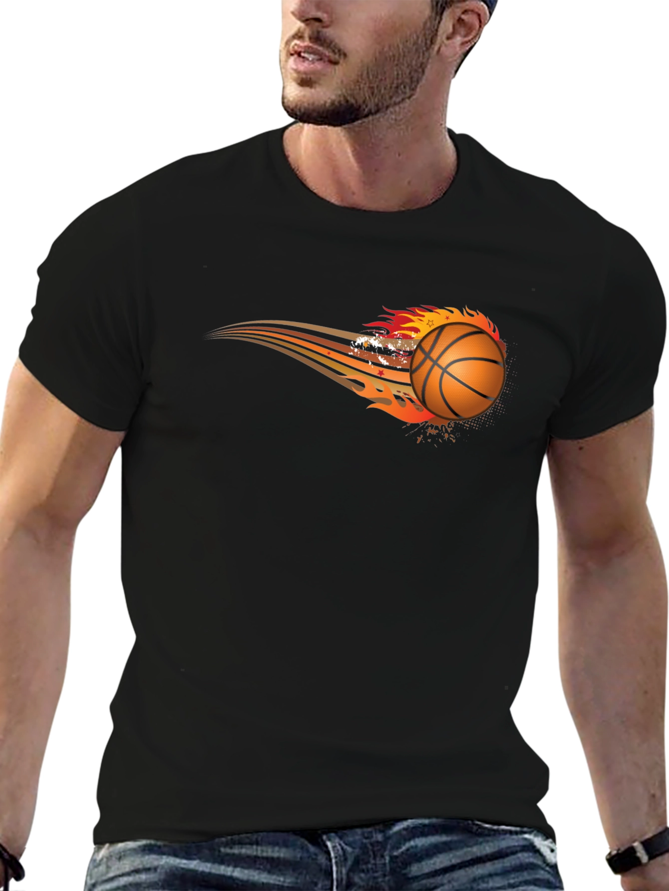 Flaming Basketball Graphic Tee - Black