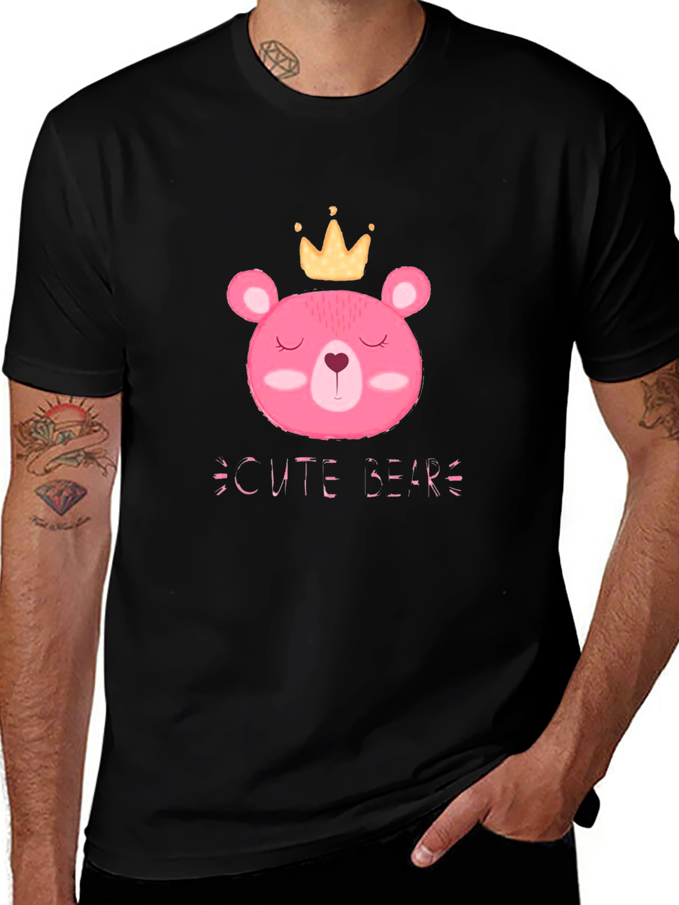 Cute Bear Graphic Tee - Black Cotton T-Shirt