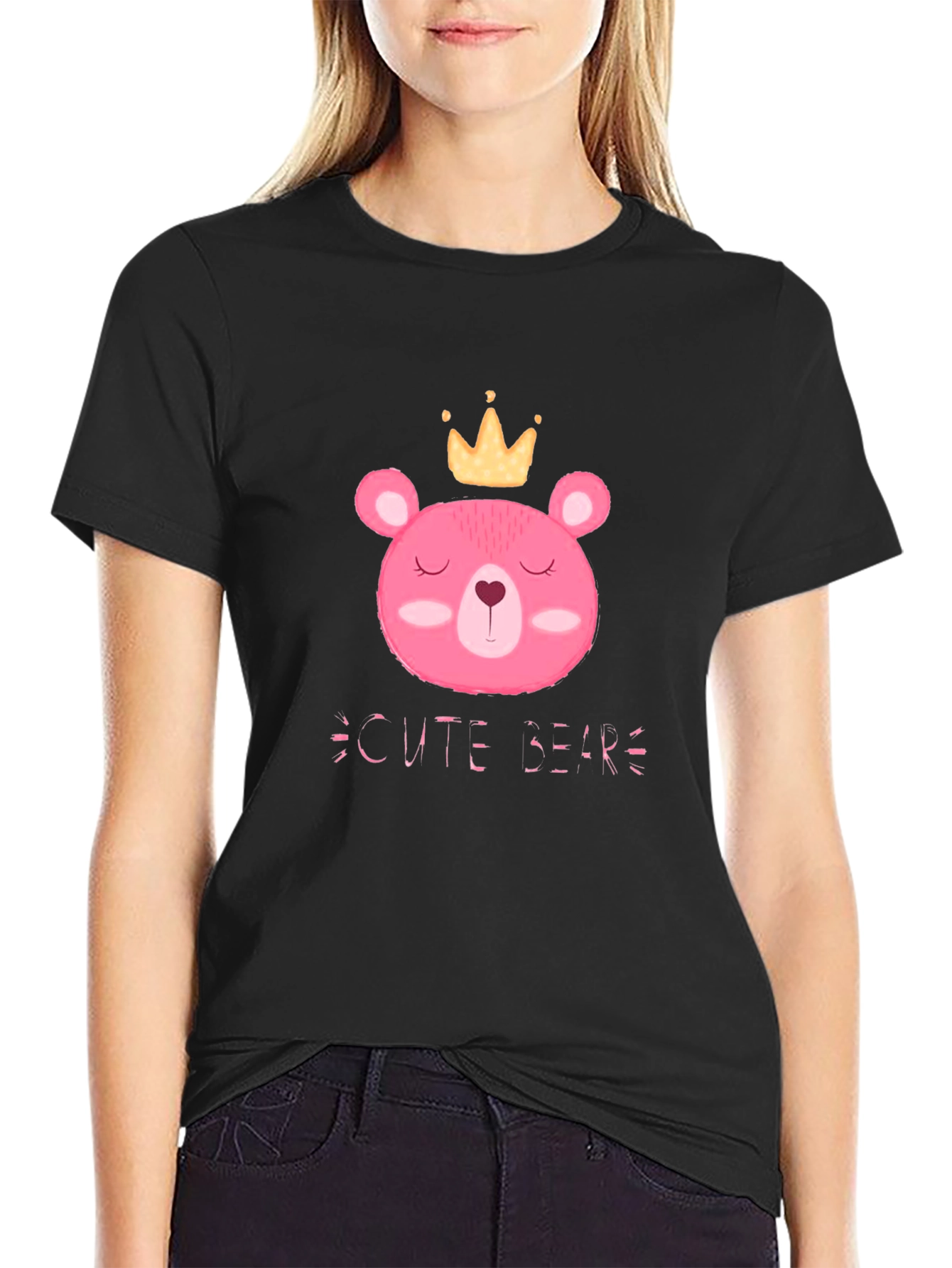 Cute Bear Graphic Tee - Black Cotton T-Shirt