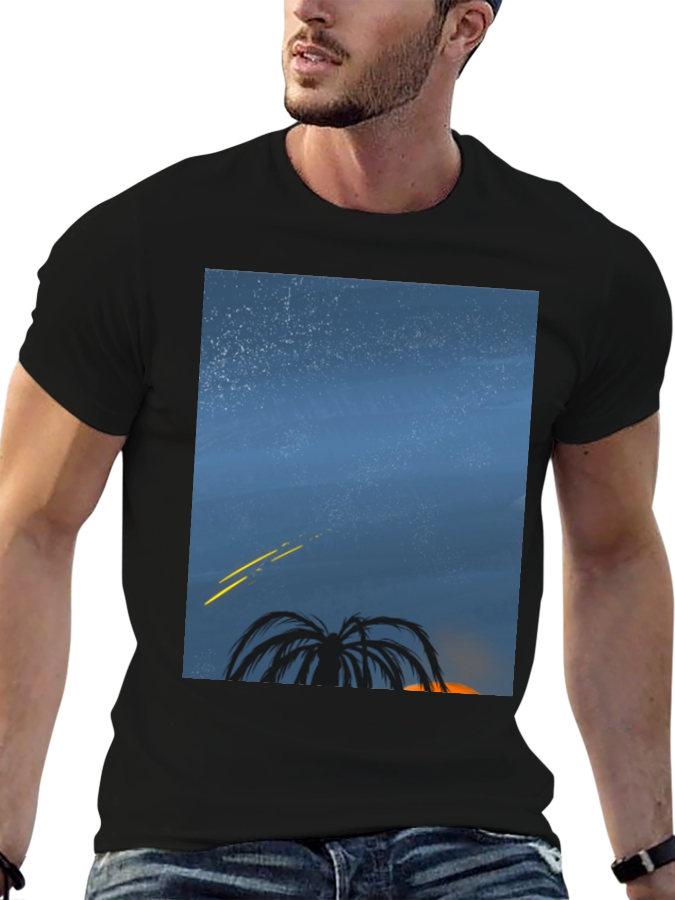 Night Sky Palm Tree Graphic Tee - Black