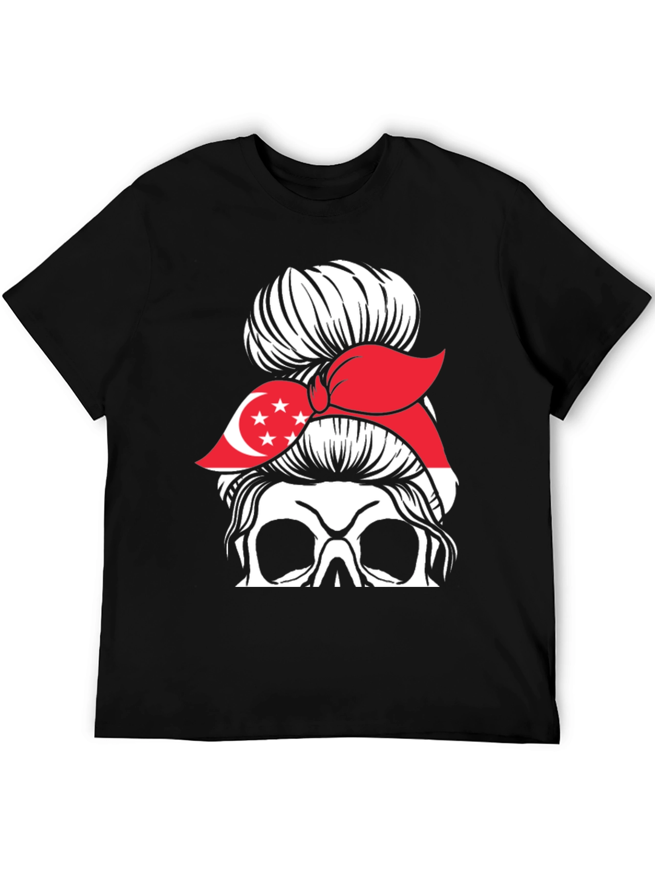 Singapore Flag Skull Messy Bun T-Shirt