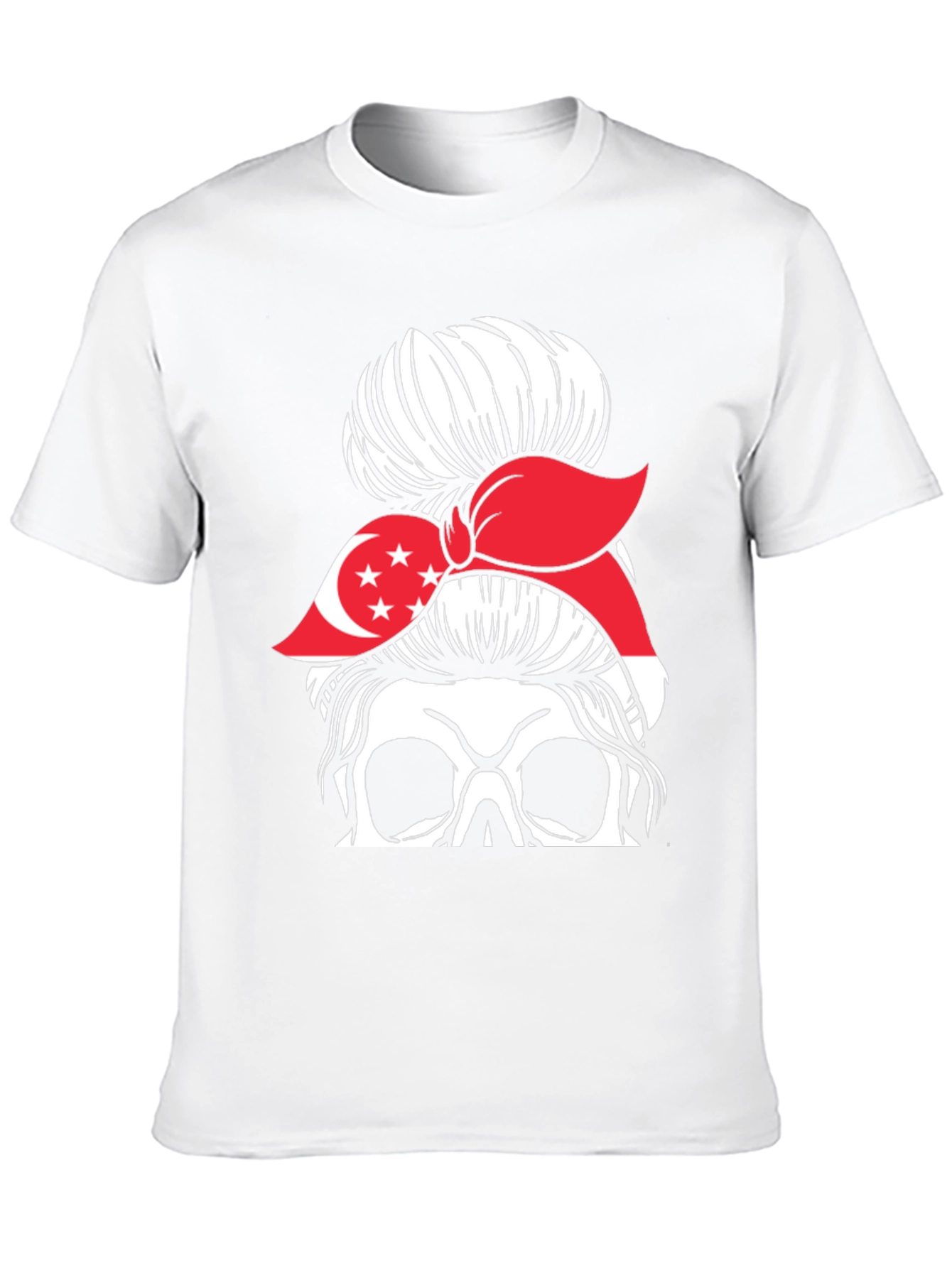 Singapore Flag Skull Messy Bun T-Shirt