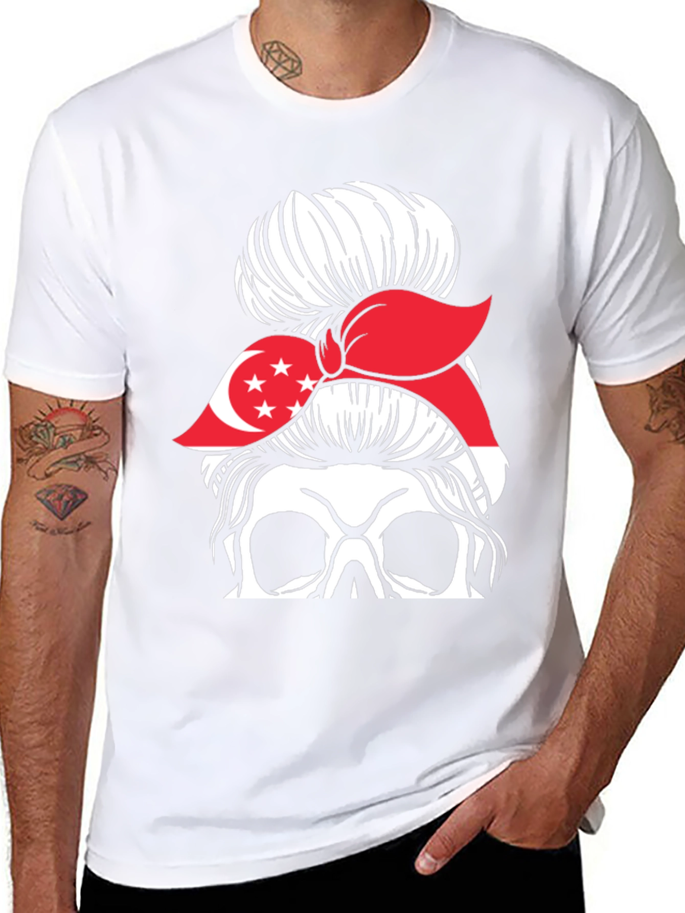 Singapore Flag Skull Messy Bun T-Shirt