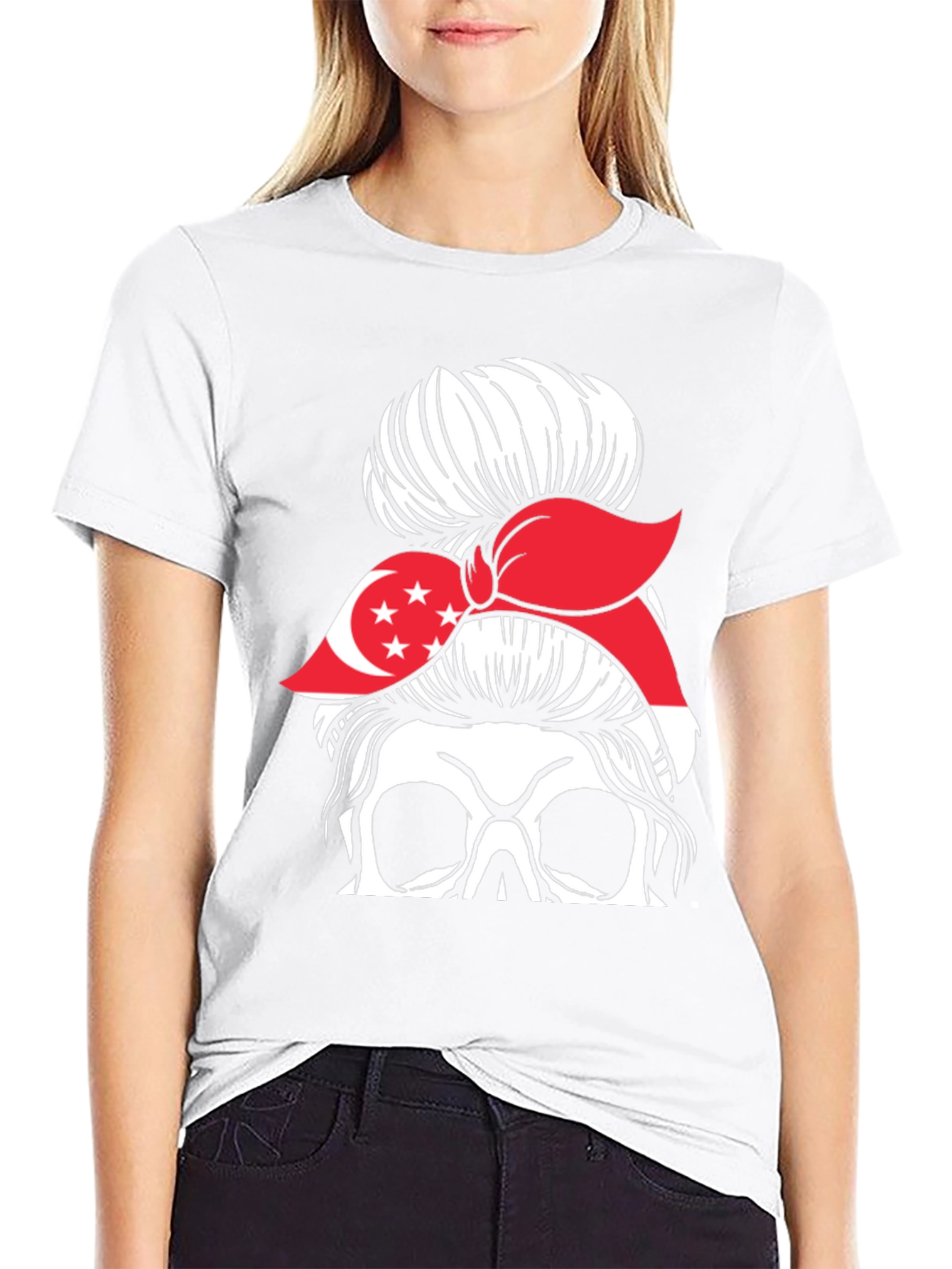 Singapore Flag Skull Messy Bun T-Shirt