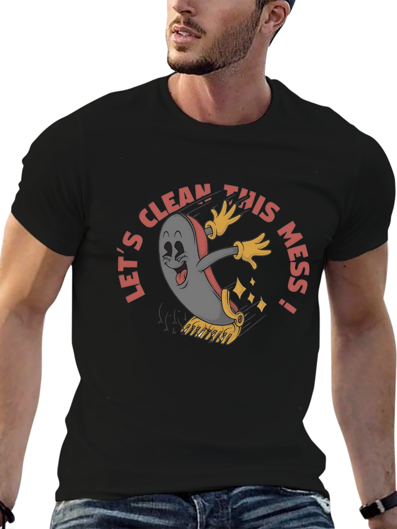 Lets Clean This Mess! Cartoon Black T-Shirt