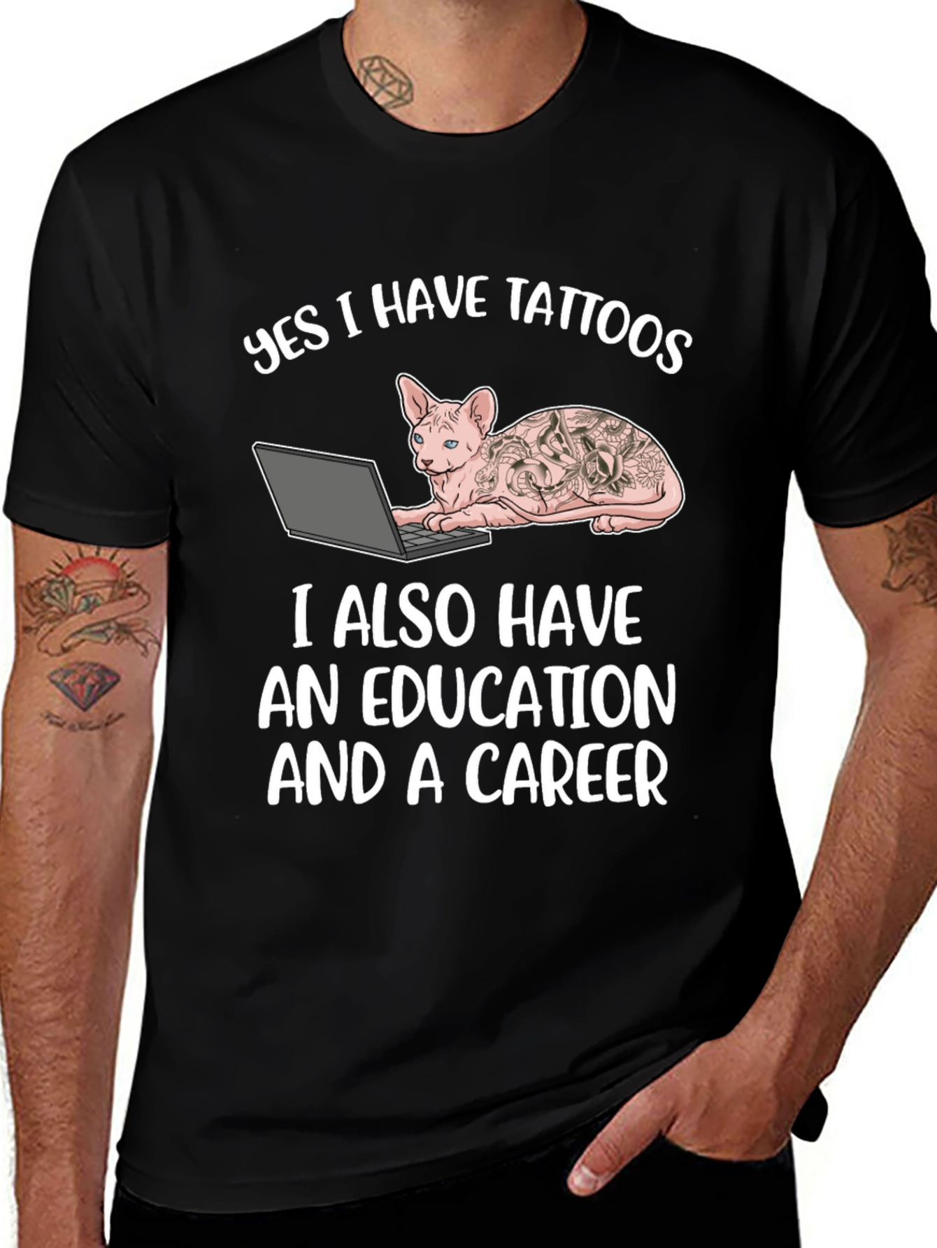 Tattooed Cat Laptop T-Shirt - Sarcastic & Unique!