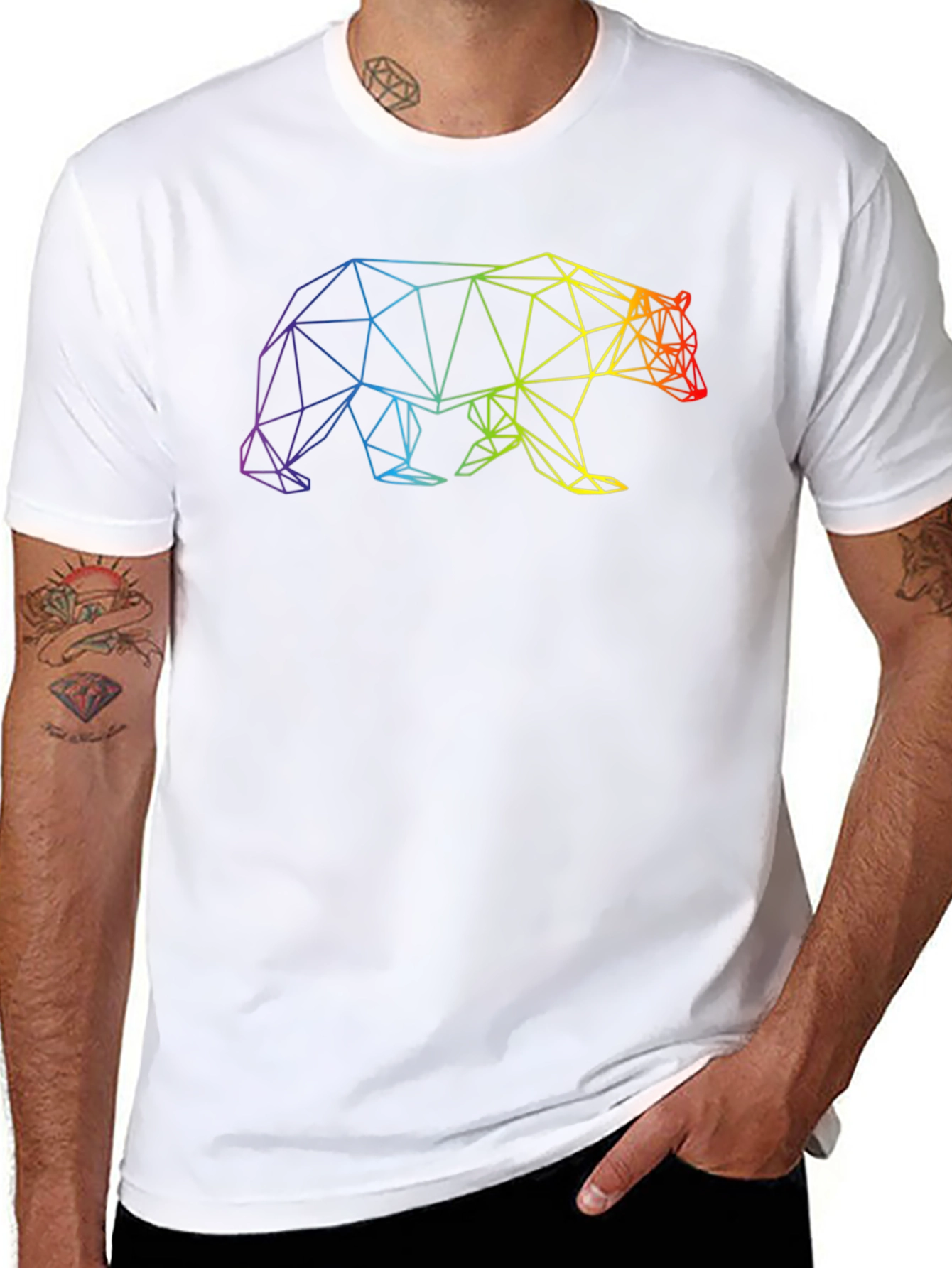 Geometric Bear Graphic T-Shirt - Rainbow Design