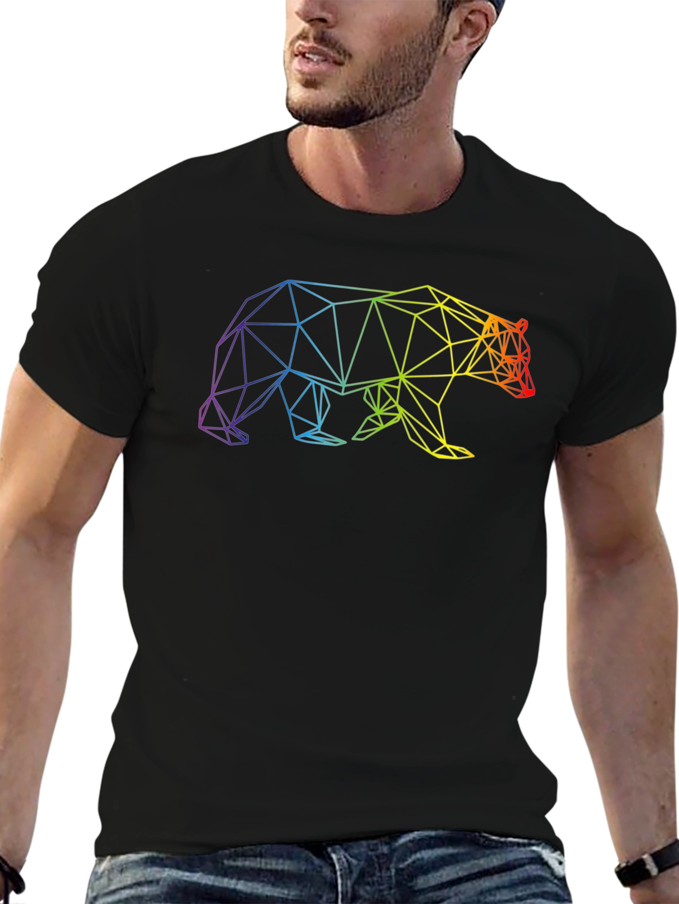 Geometric Bear Graphic T-Shirt - Rainbow Design