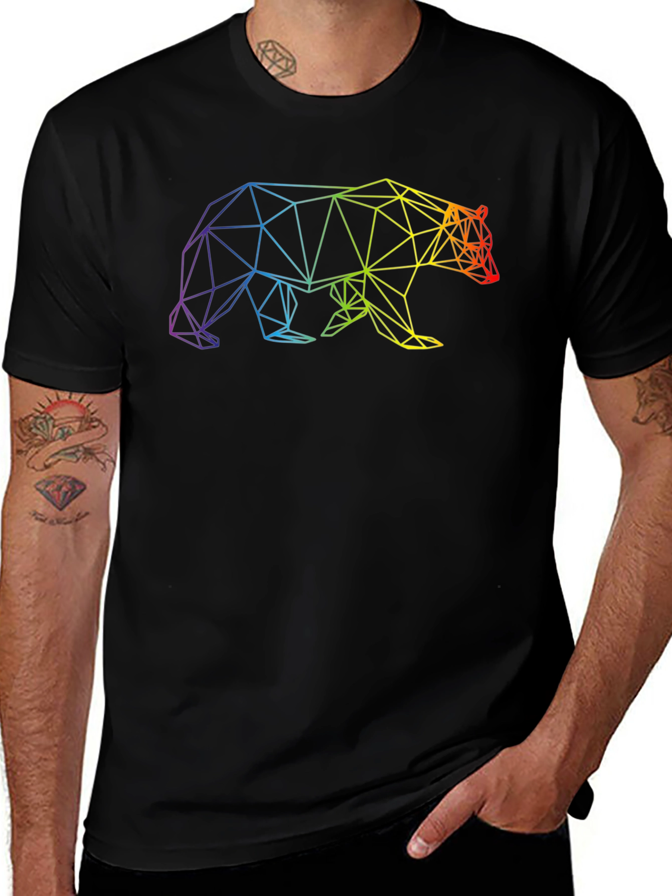 Geometric Bear Graphic T-Shirt - Rainbow Design
