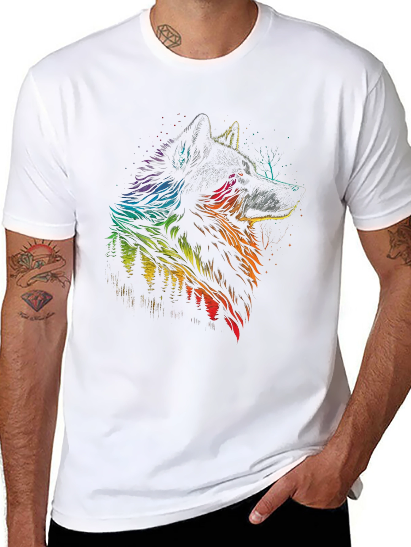 Rainbow Wolf Graphic Black T-Shirt - Mens