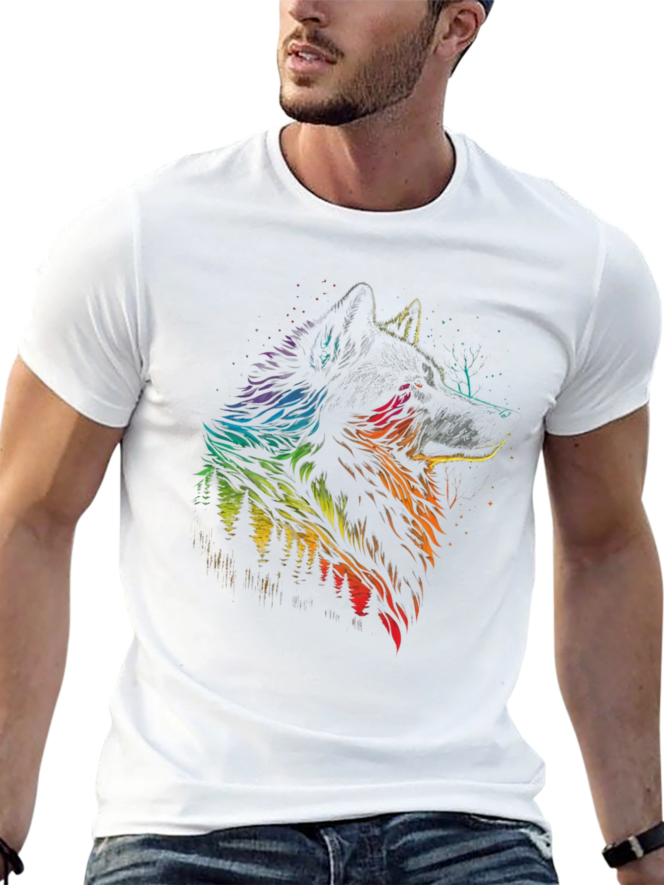 Rainbow Wolf Graphic Black T-Shirt - Mens