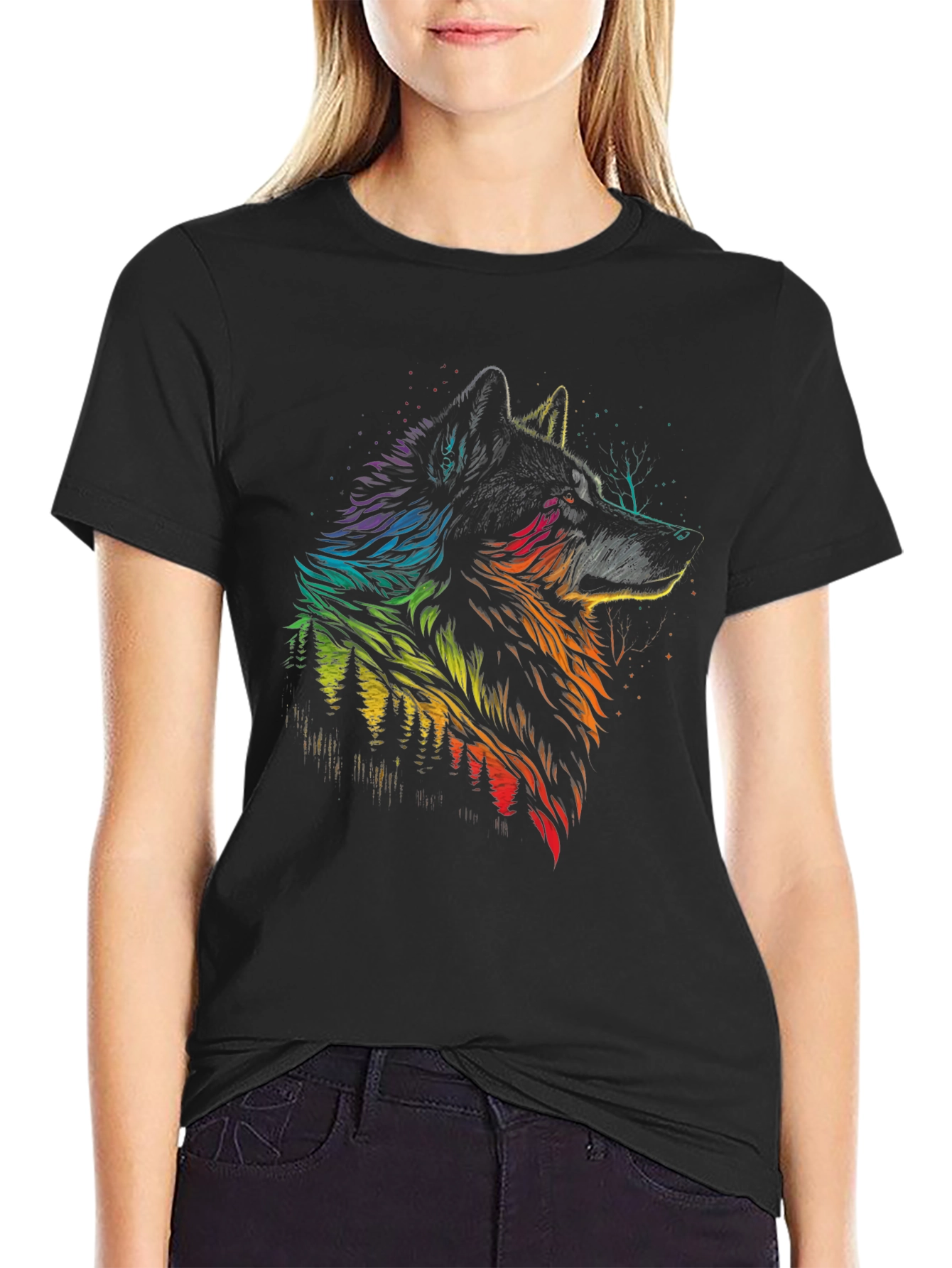 Rainbow Wolf Graphic Black T-Shirt - Mens