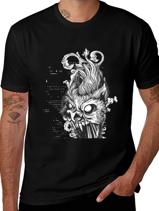 Edgy Graphic Tee - Skull Flame Design Black Cotton Shirt