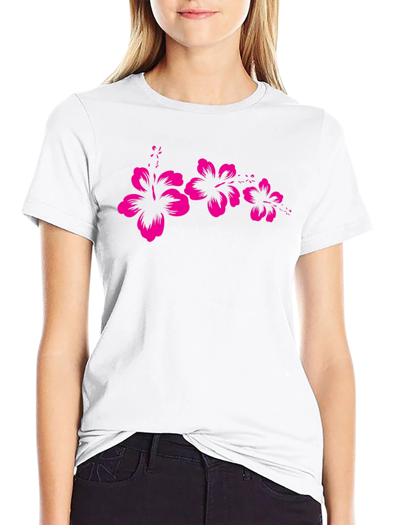 Black T-Shirt with Pink Hibiscus Flower Design