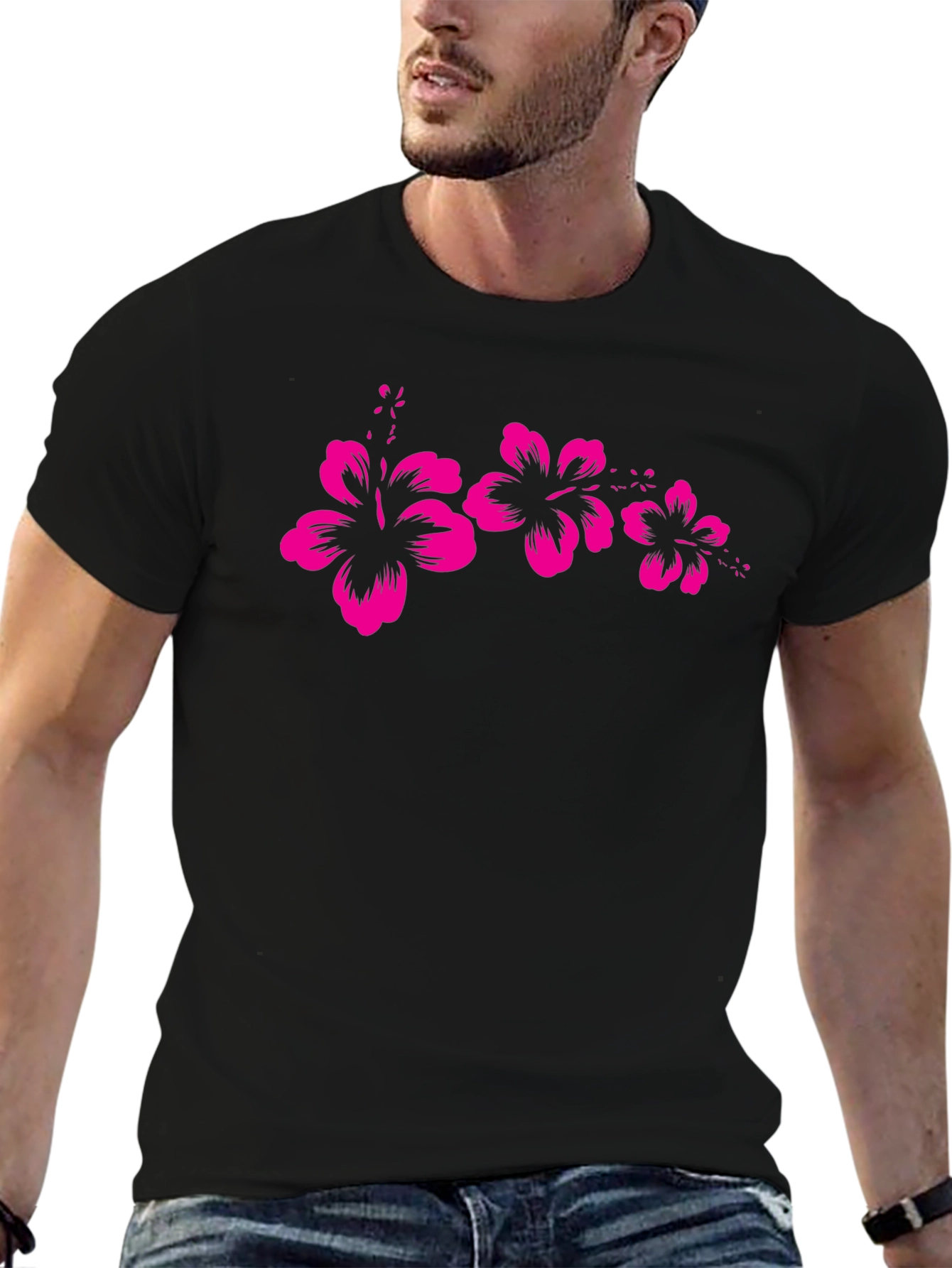 Black T-Shirt with Pink Hibiscus Flower Design
