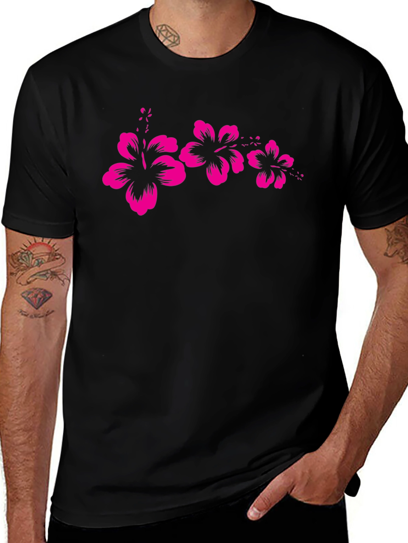 Black T-Shirt with Pink Hibiscus Flower Design