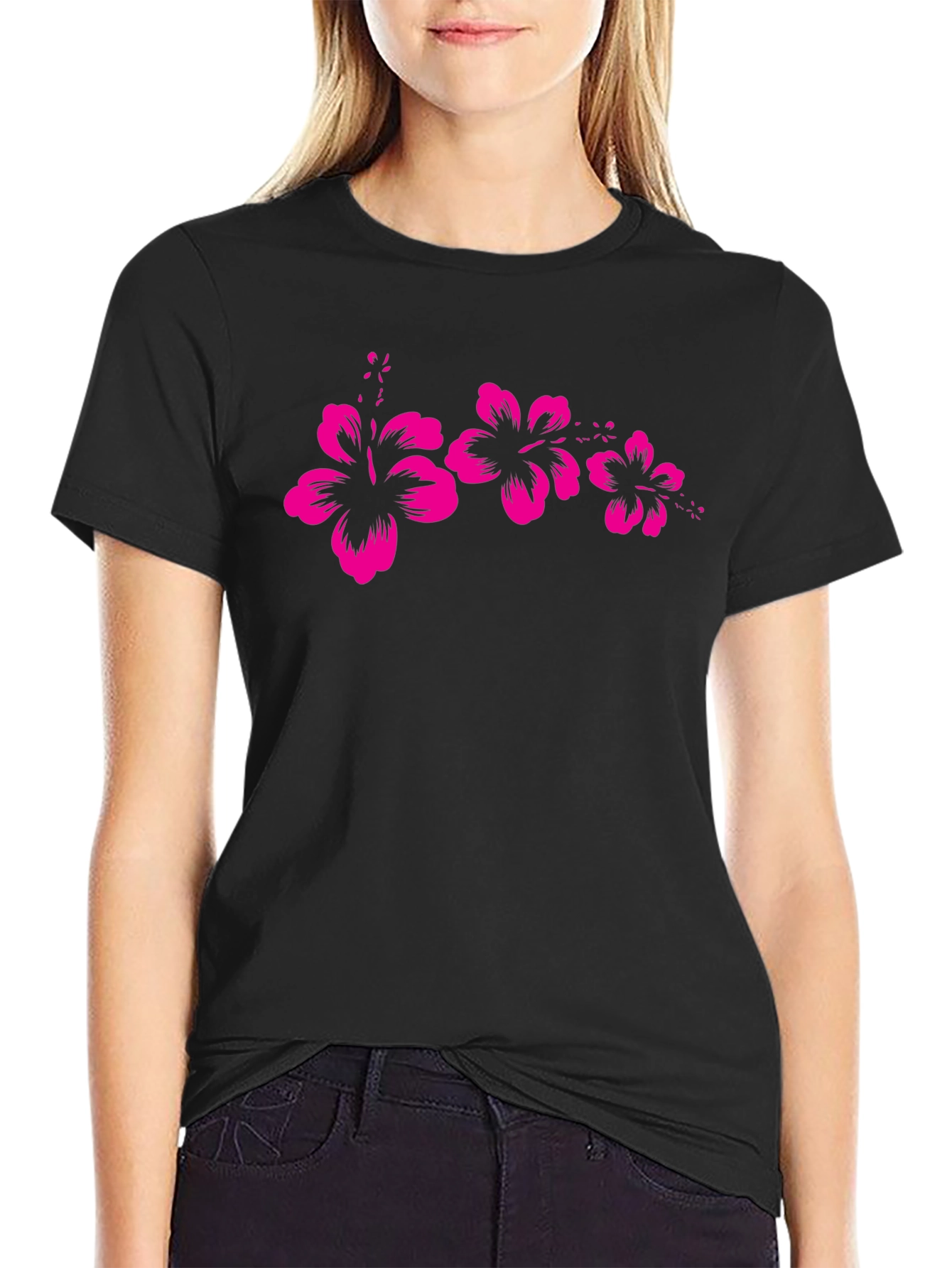 Black T-Shirt with Pink Hibiscus Flower Design