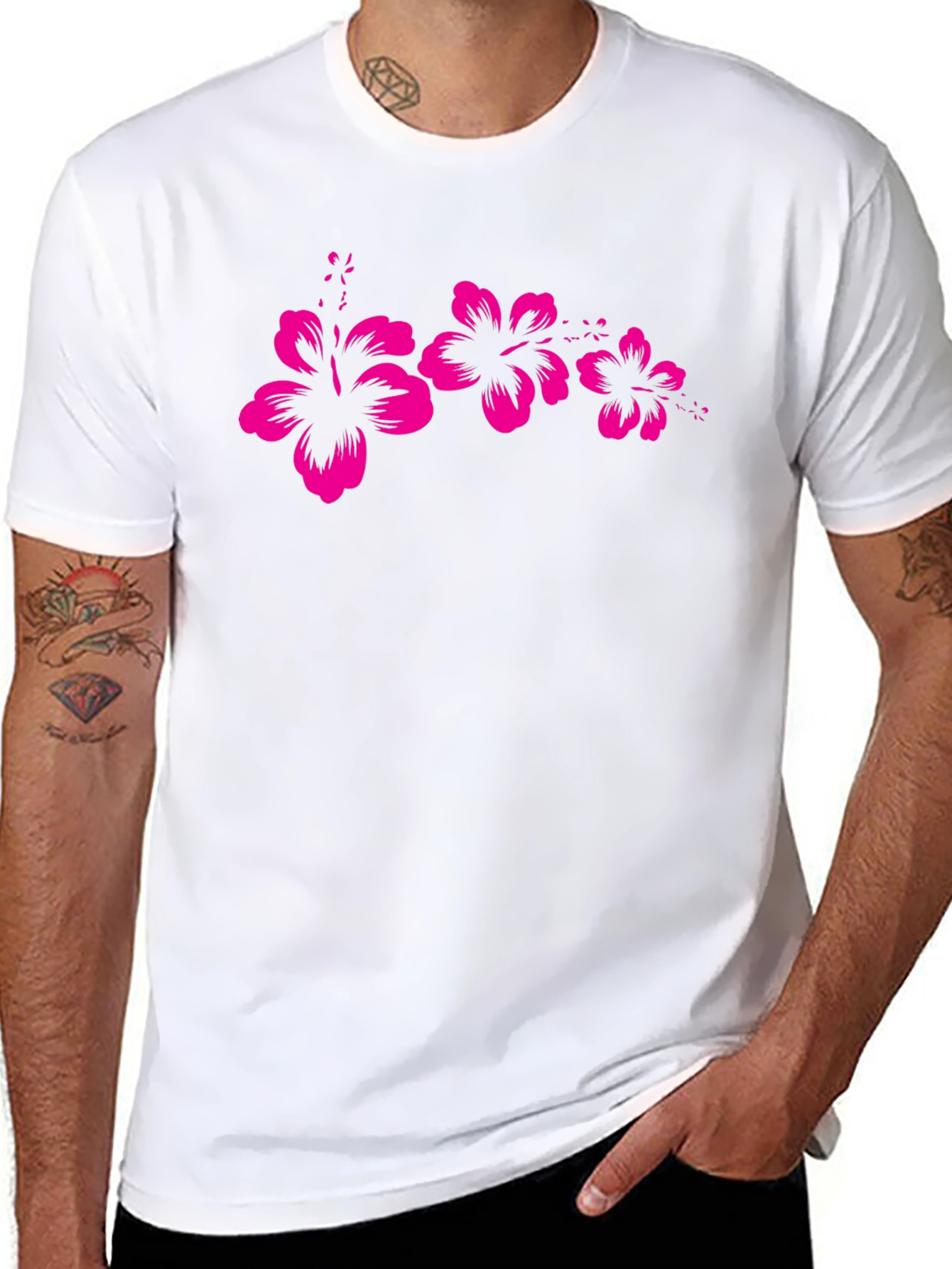 Black T-Shirt with Pink Hibiscus Flower Design
