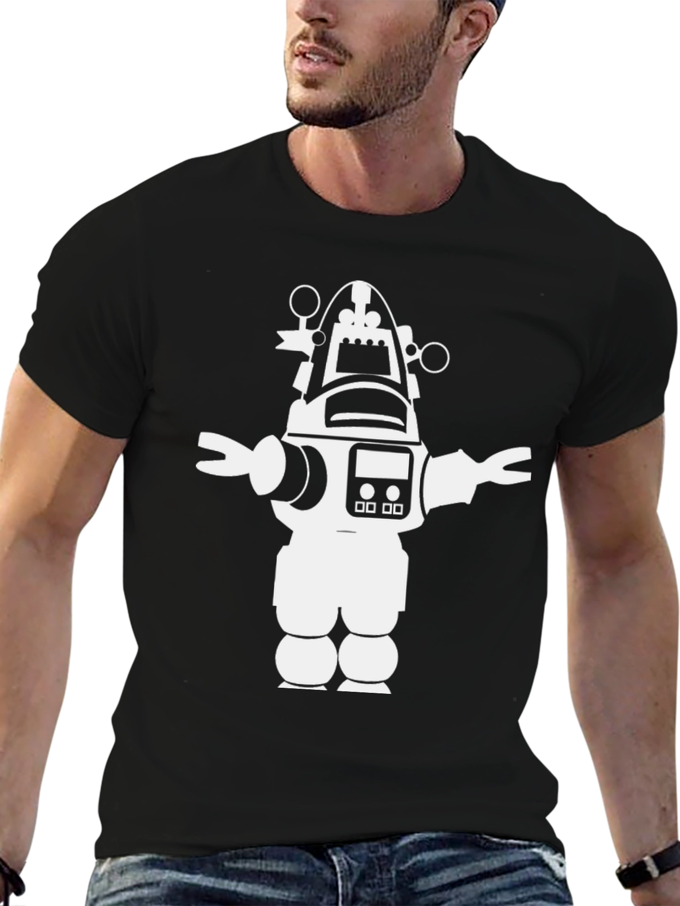 Retro Robot Graphic Tee - Black Cotton T-Shirt