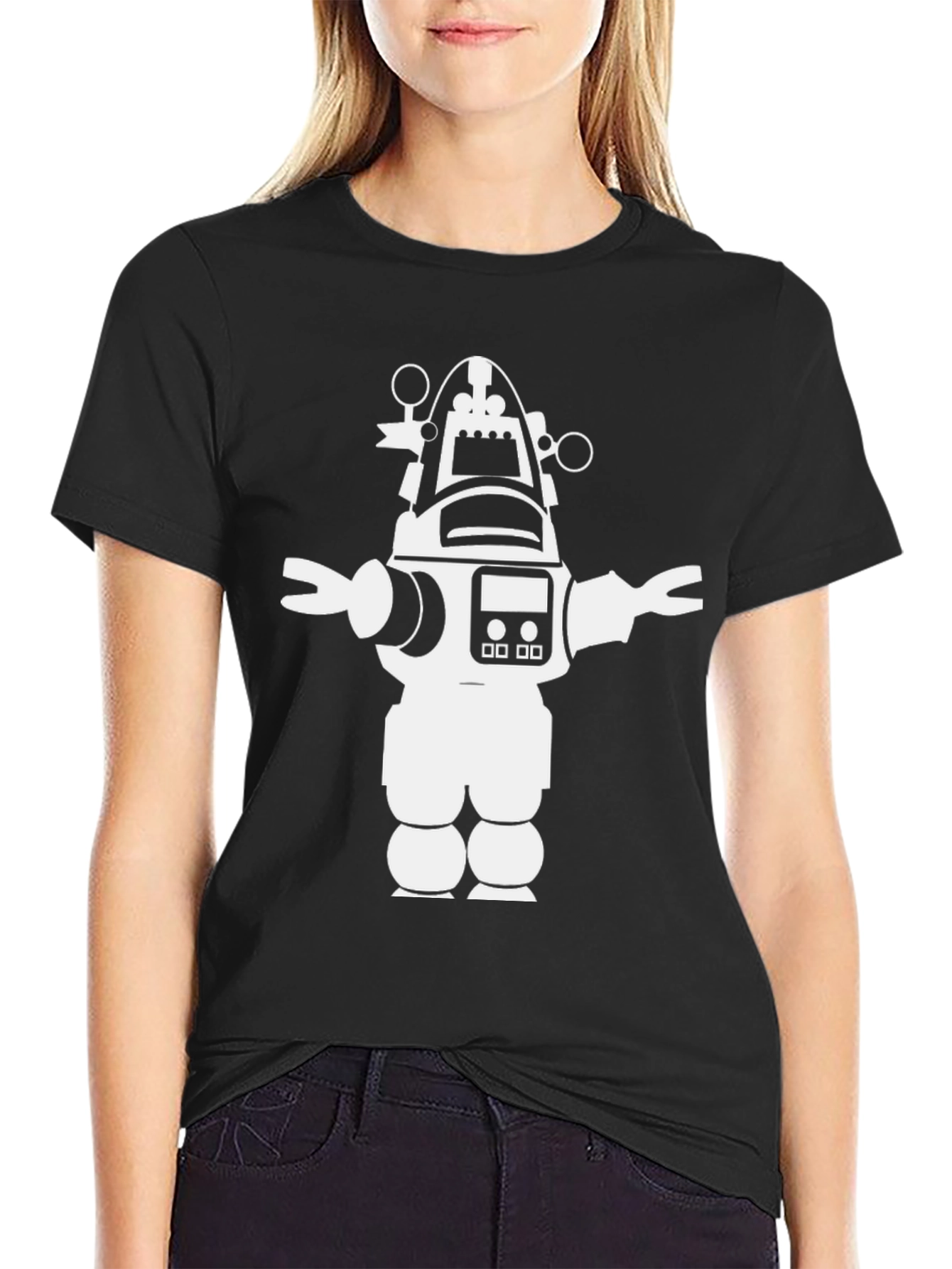Retro Robot Graphic Tee - Black Cotton T-Shirt