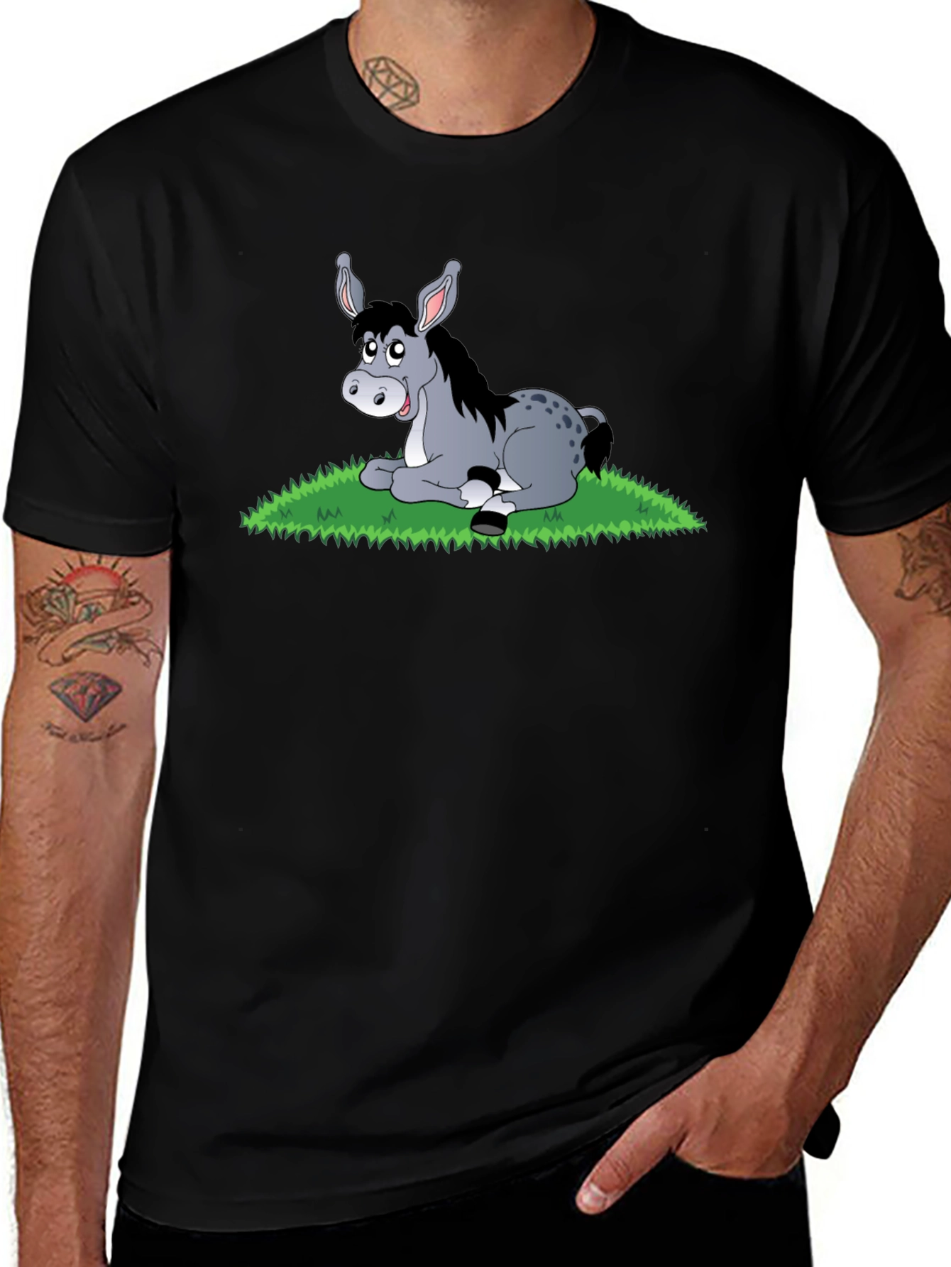 Cute Donkey Cartoon Black T-Shirt