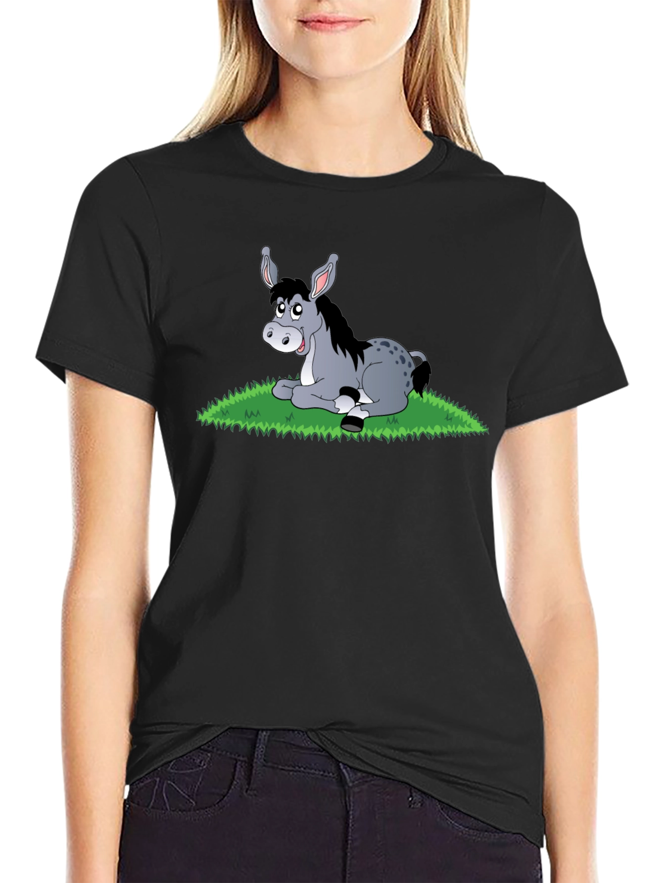 Cute Donkey Cartoon Black T-Shirt