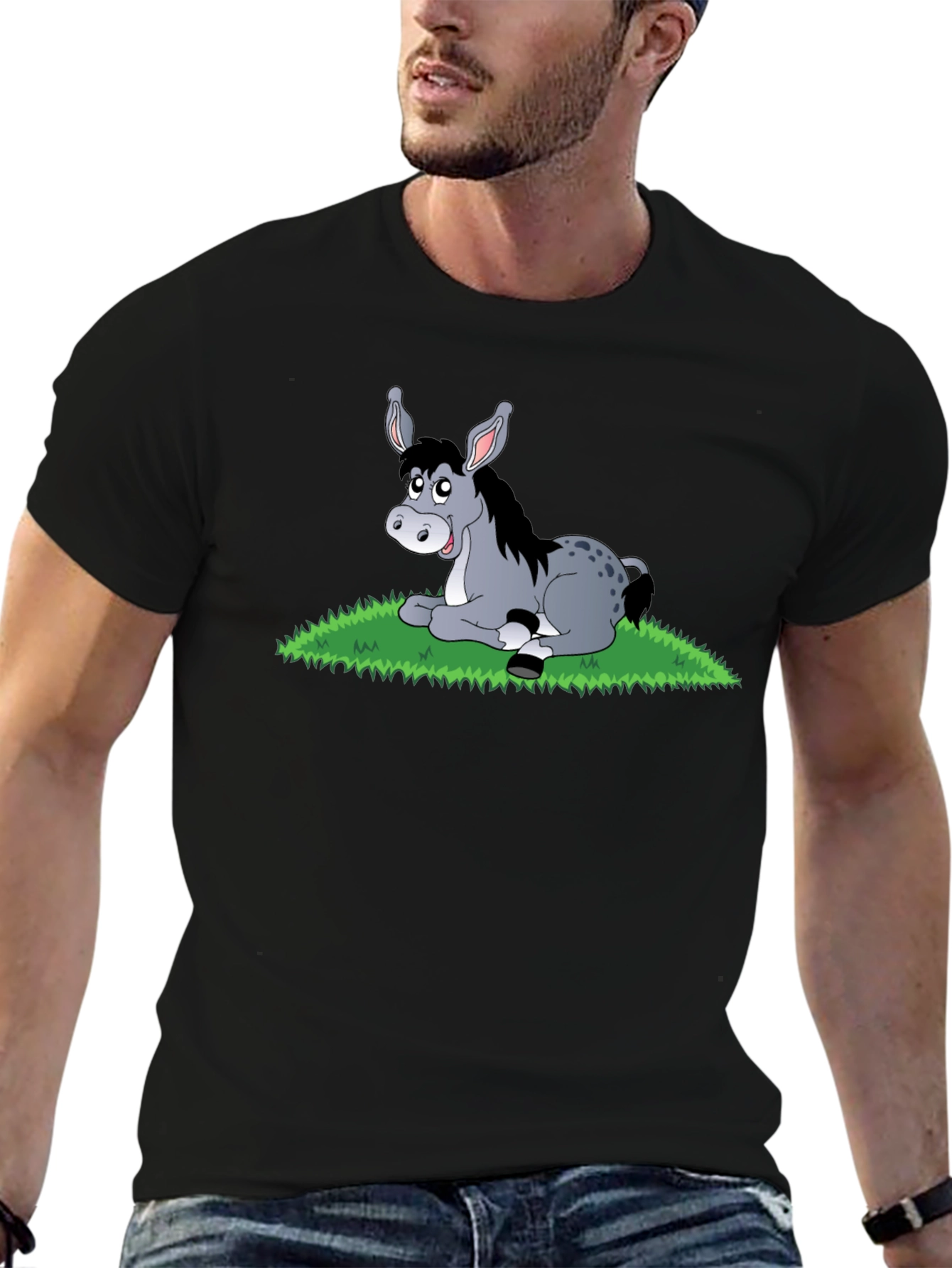 Cute Donkey Cartoon Black T-Shirt