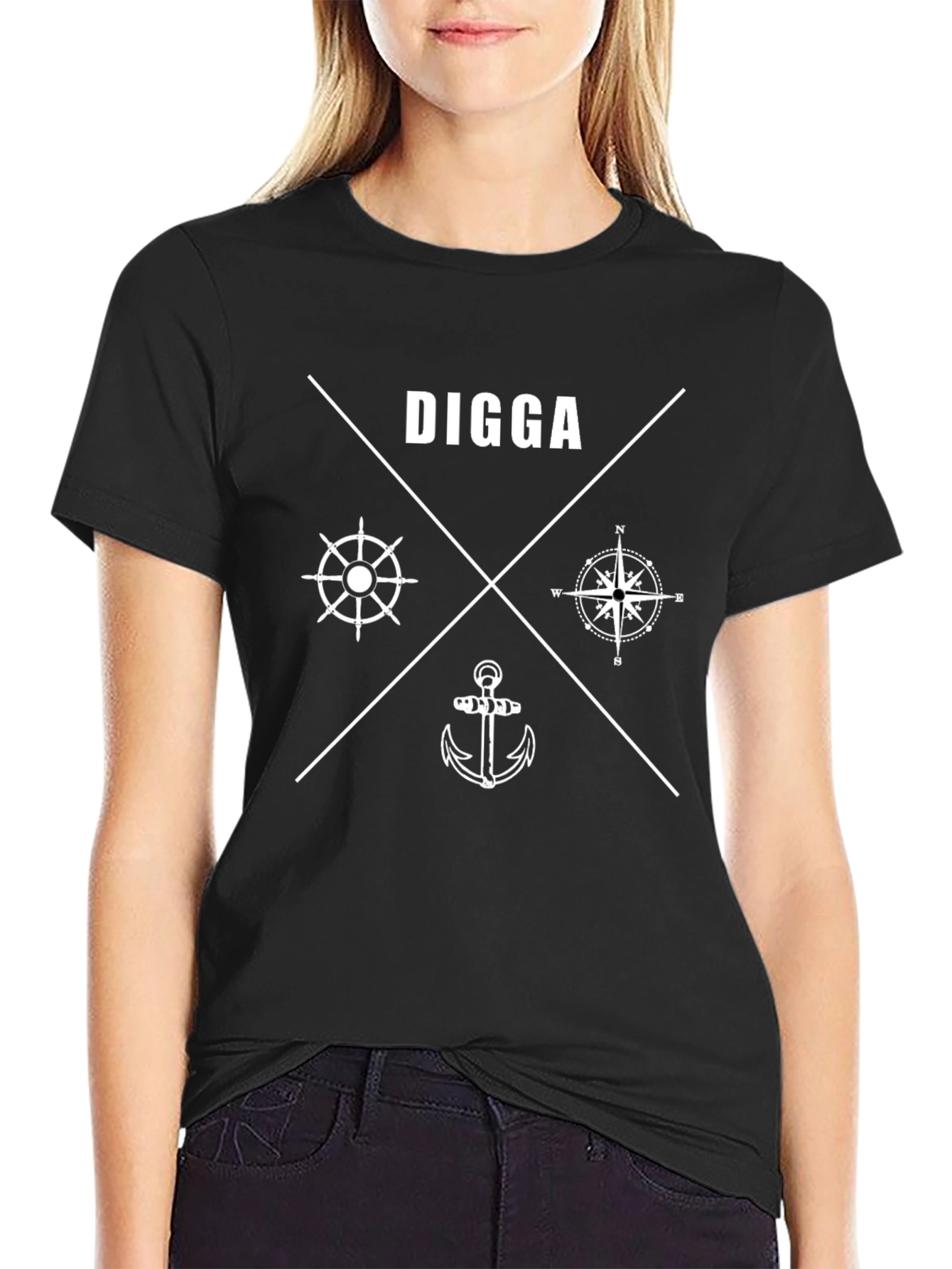 Nautical Digga Black T-Shirt Anchor Compass Wheel
