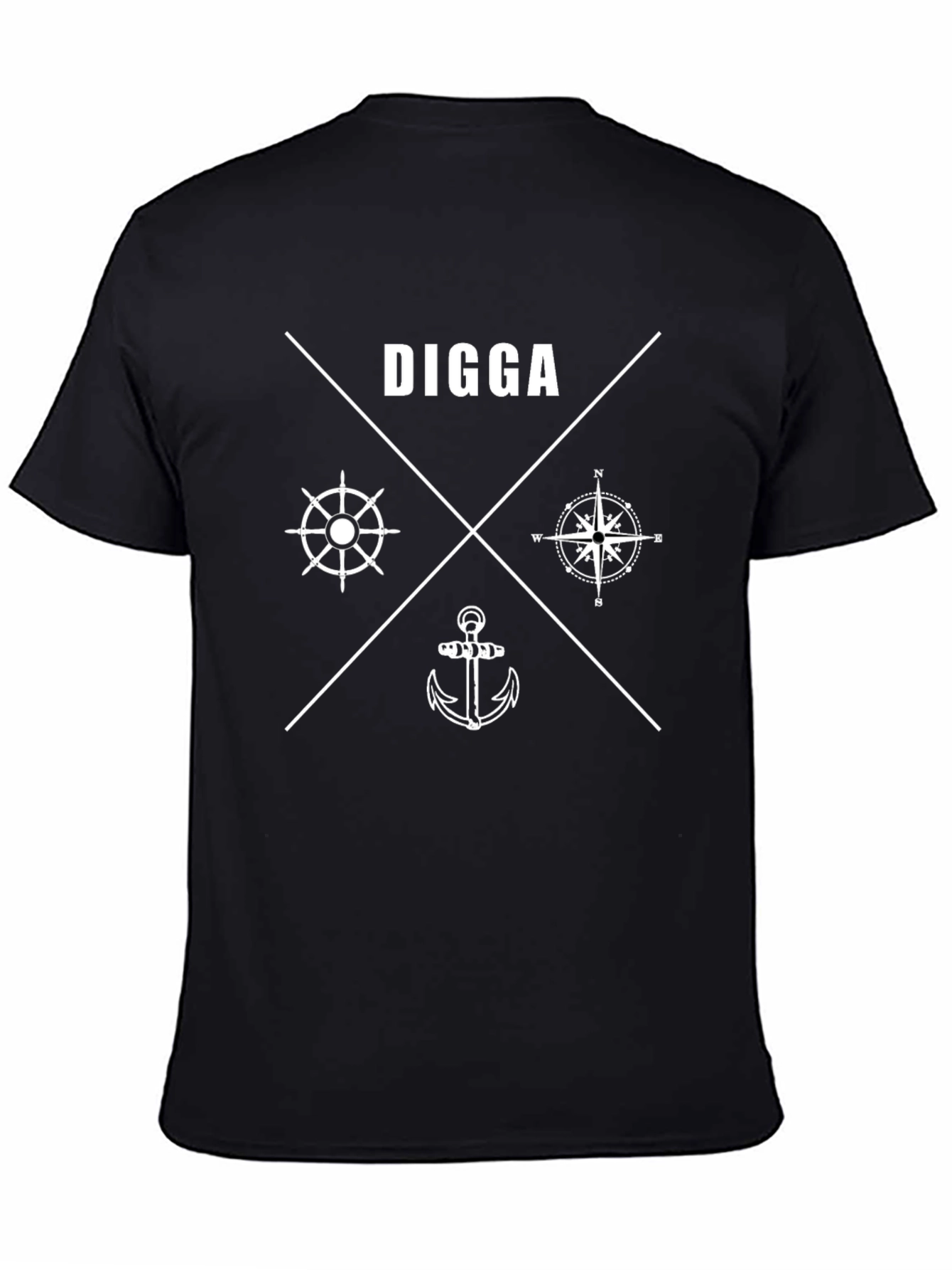 Nautical Digga Black T-Shirt Anchor Compass Wheel