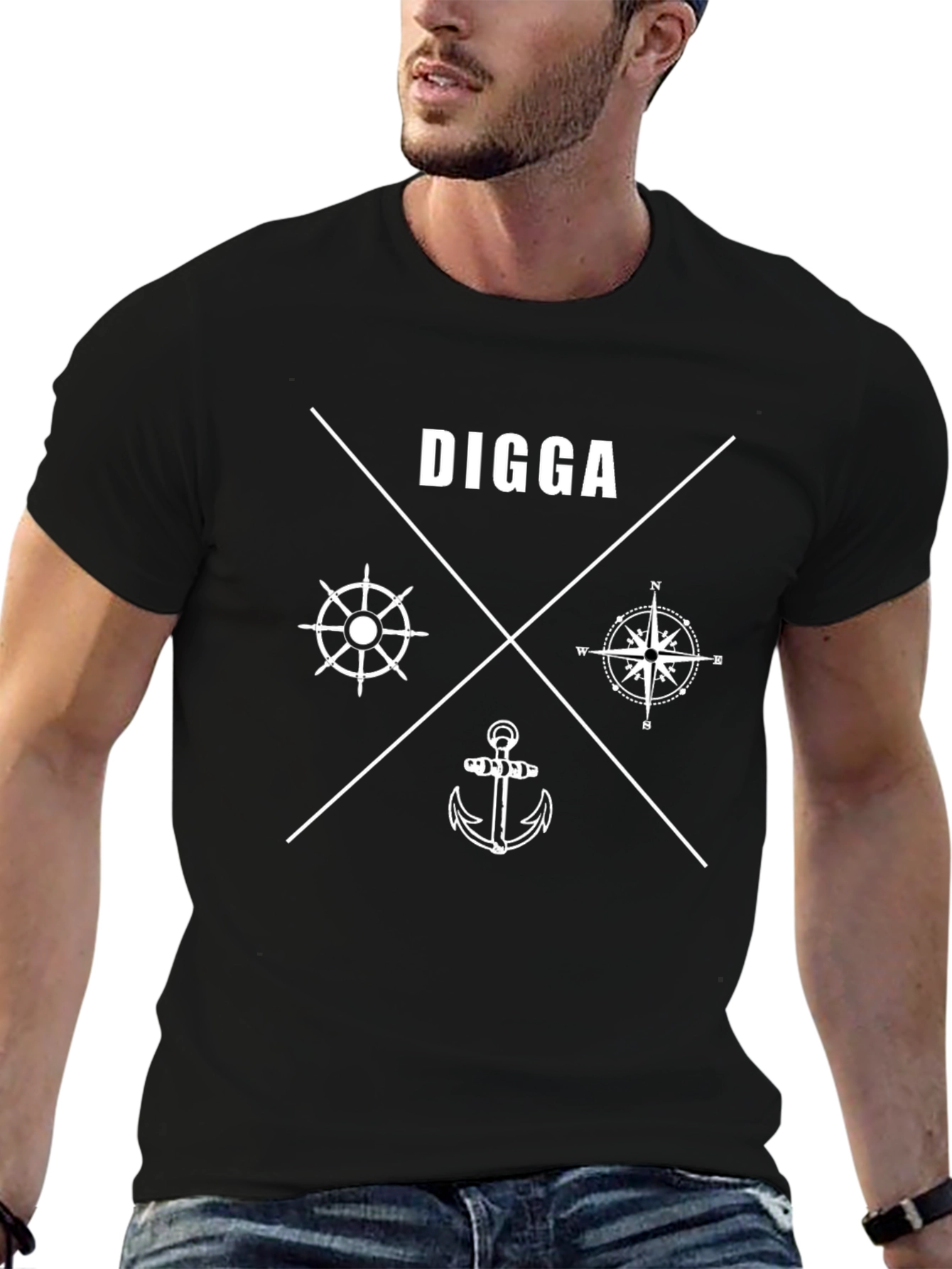 Nautical Digga Black T-Shirt Anchor Compass Wheel
