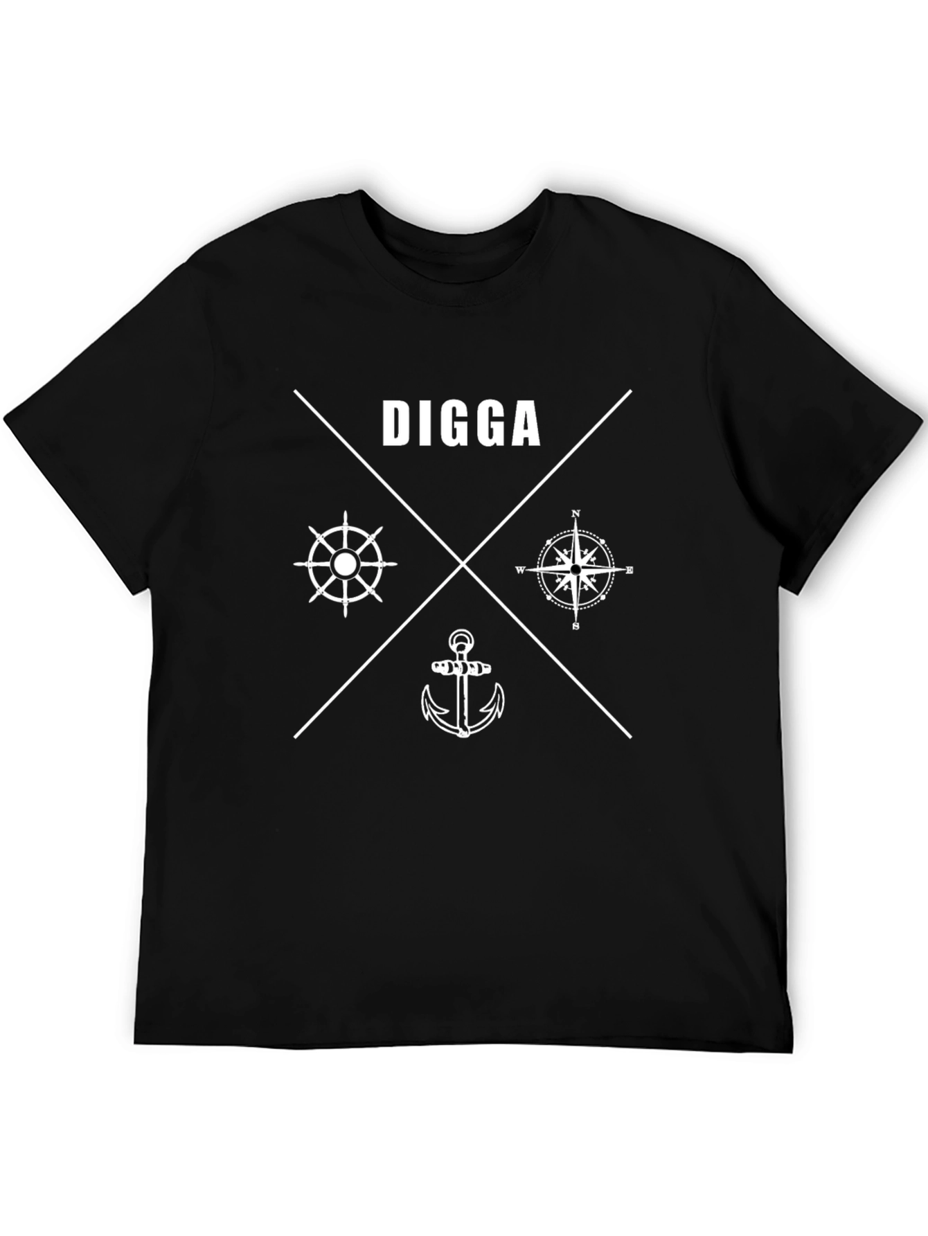 Nautical Digga Black T-Shirt Anchor Compass Wheel