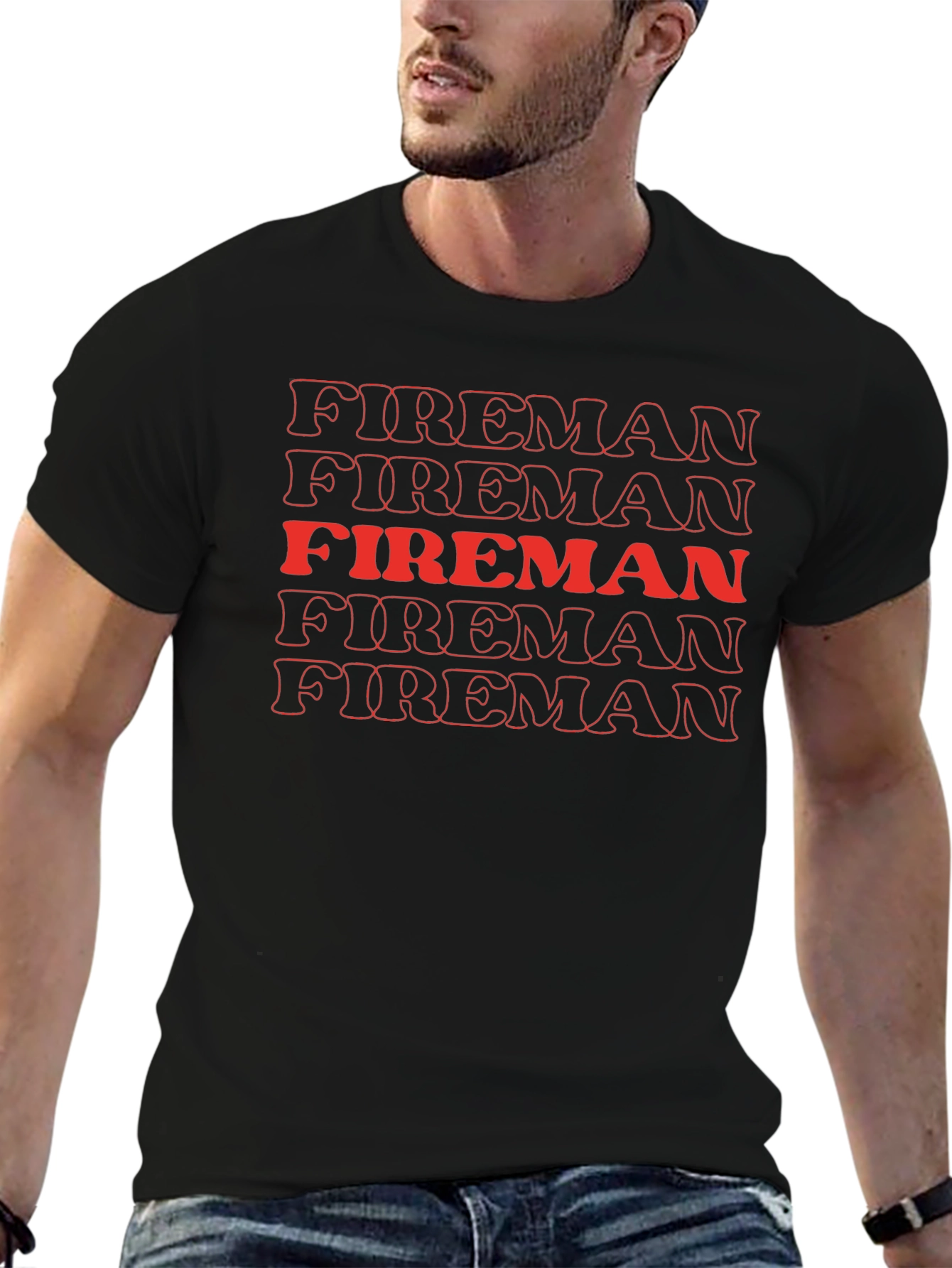 Fireman Graphic Tee - Bold Red Text Design