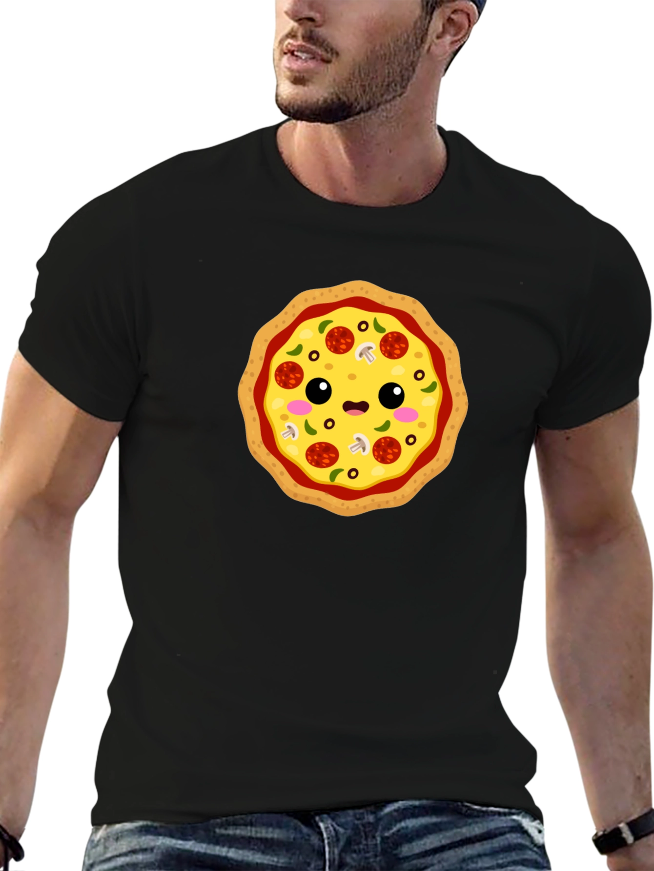 Cute Pizza Graphic Tee - Black Cotton T-Shirt