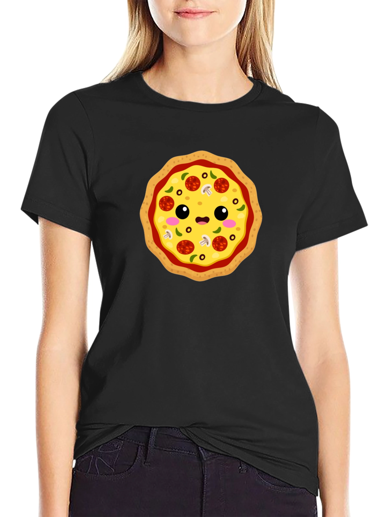 Cute Pizza Graphic Tee - Black Cotton T-Shirt
