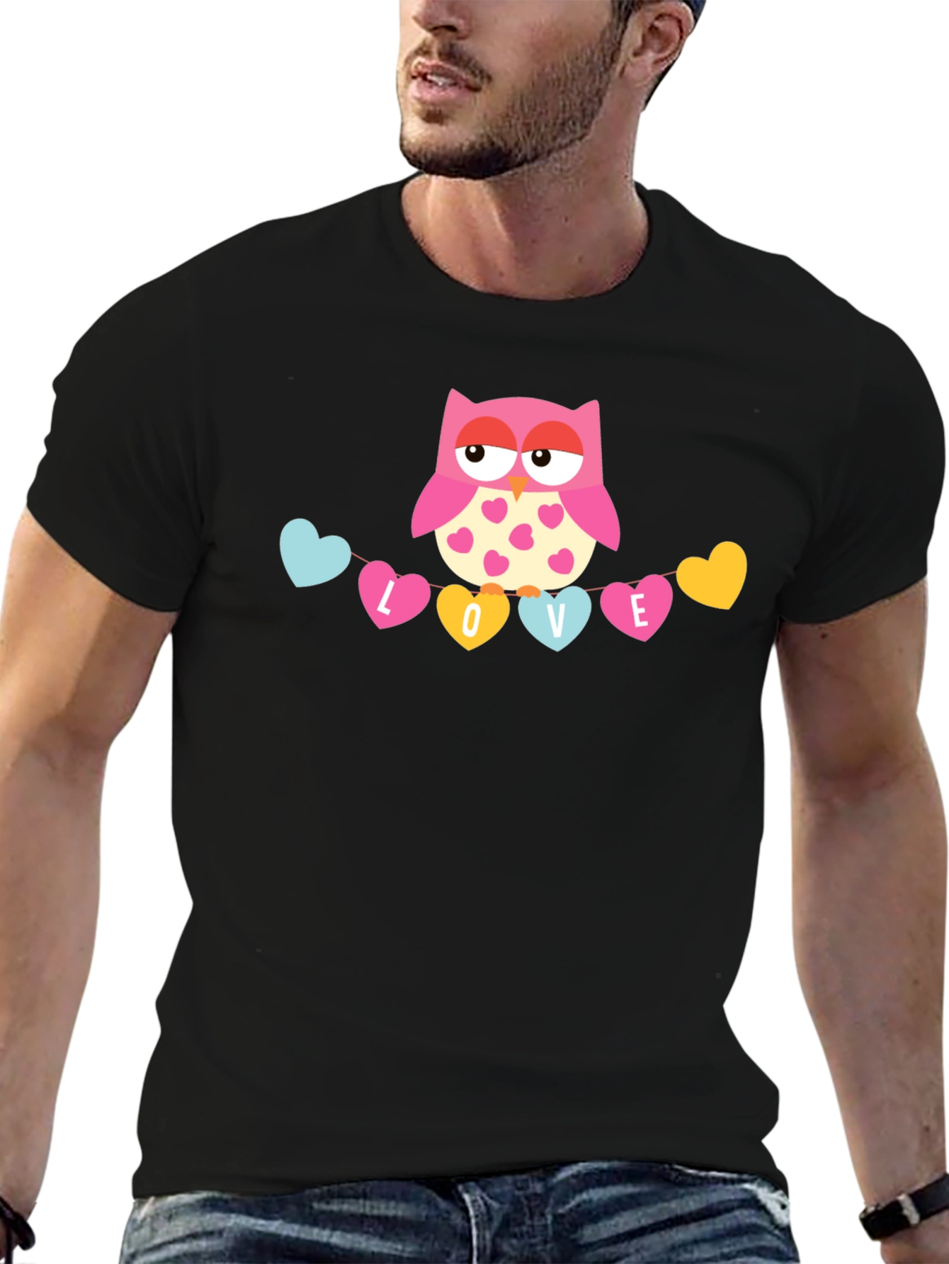 Owl Love Valentines Graphic T-Shirt - Black