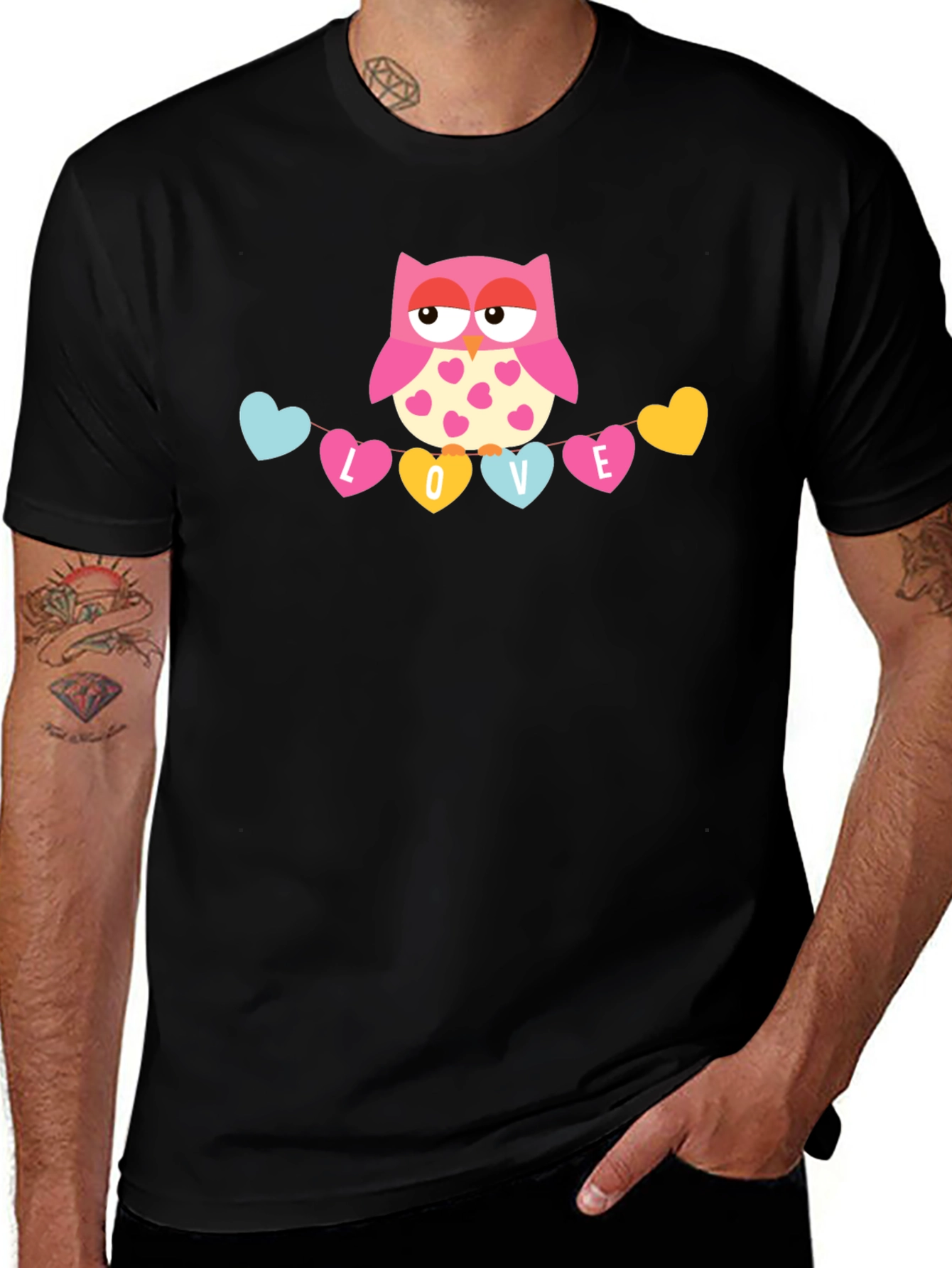 Owl Love Valentines Graphic T-Shirt - Black