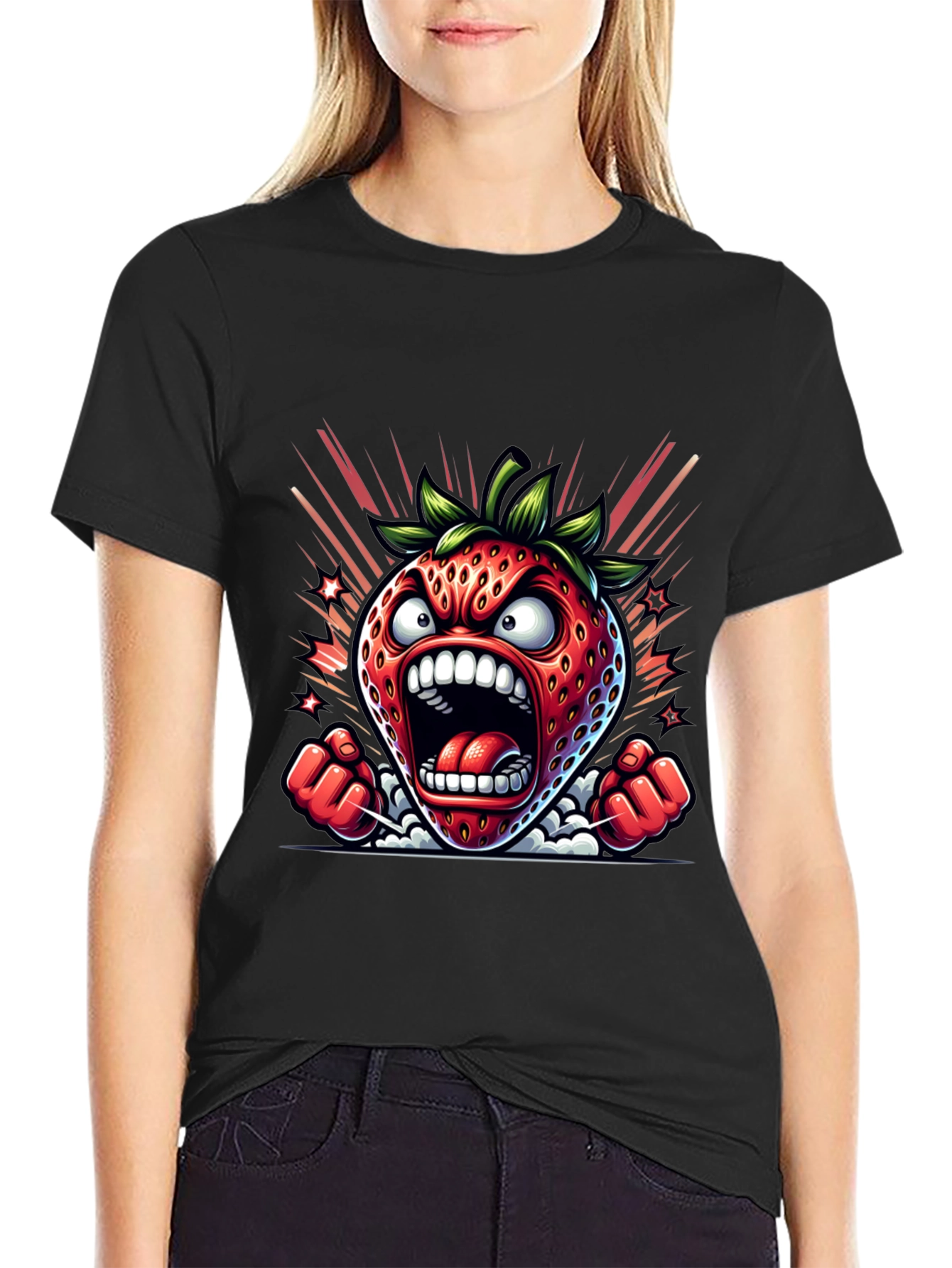 Angry Strawberry Graphic Tee - Black Cotton