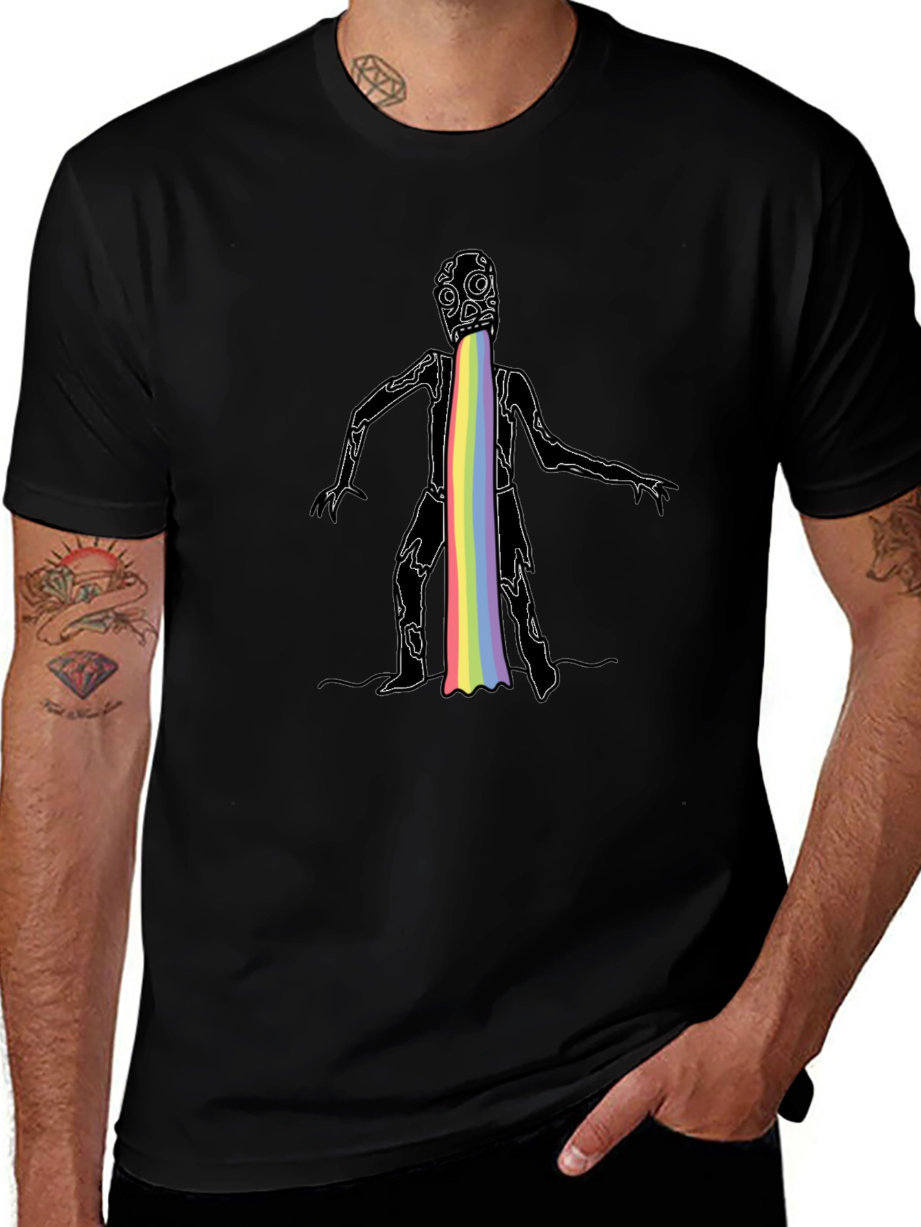 Rainbow Puke Monster Graphic Black T-Shirt