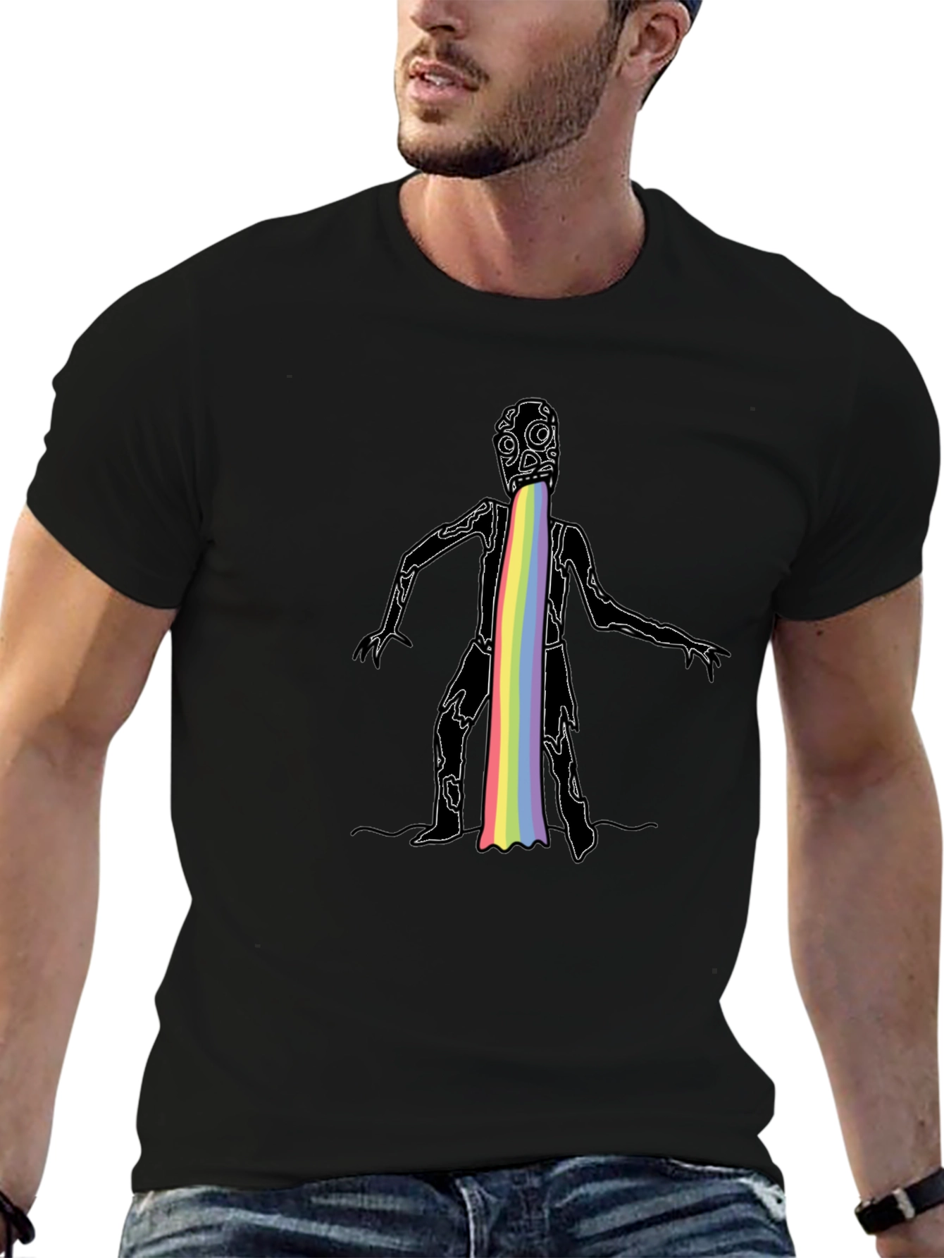 Rainbow Puke Monster Graphic Black T-Shirt