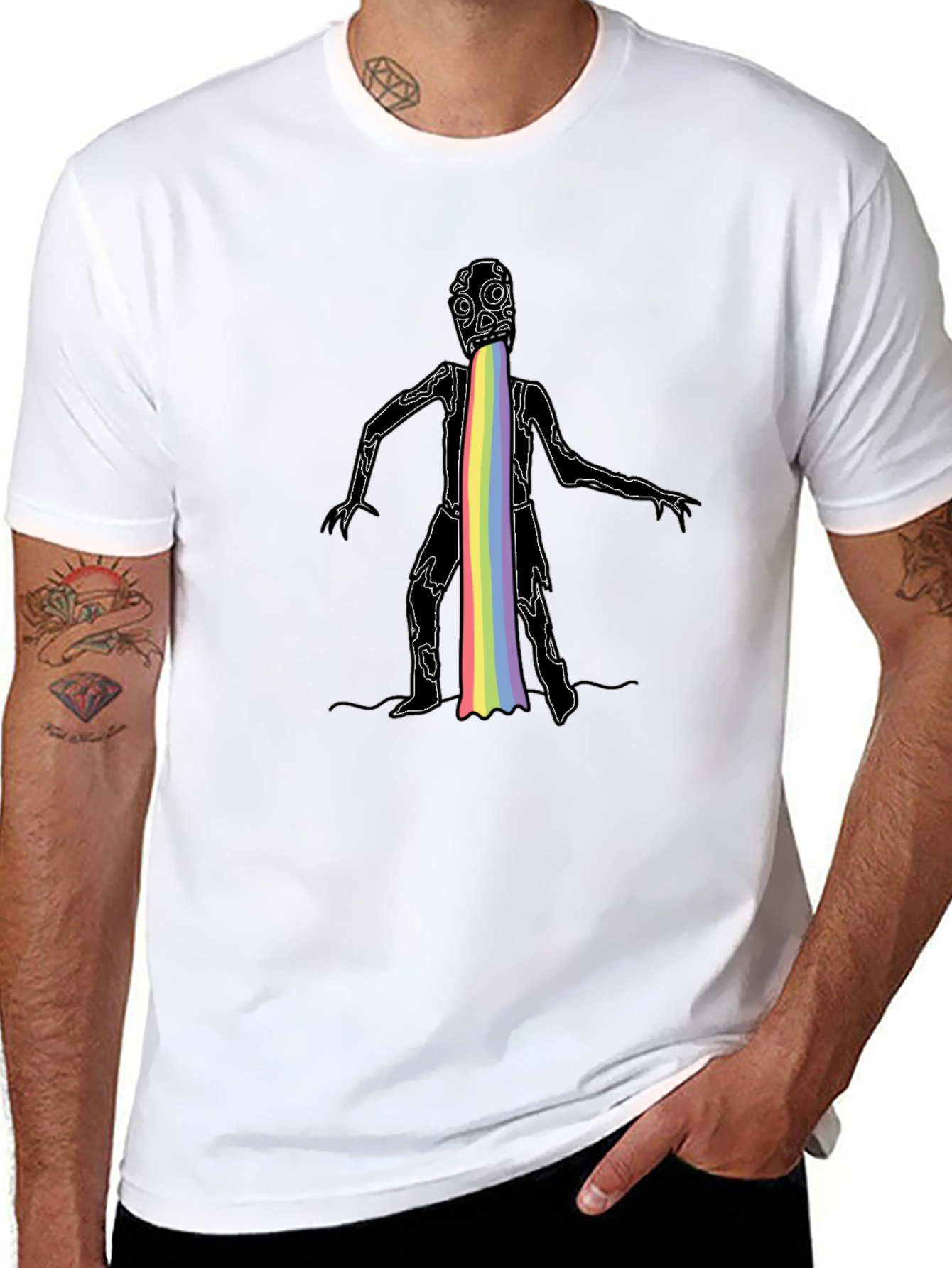 Rainbow Puke Monster Graphic Black T-Shirt