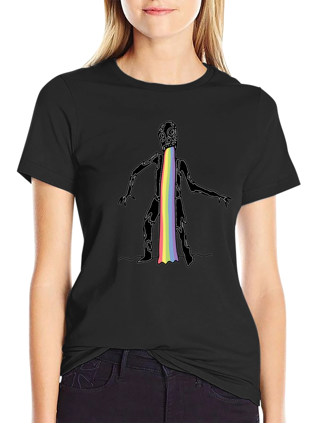Rainbow Puke Monster Graphic Black T-Shirt