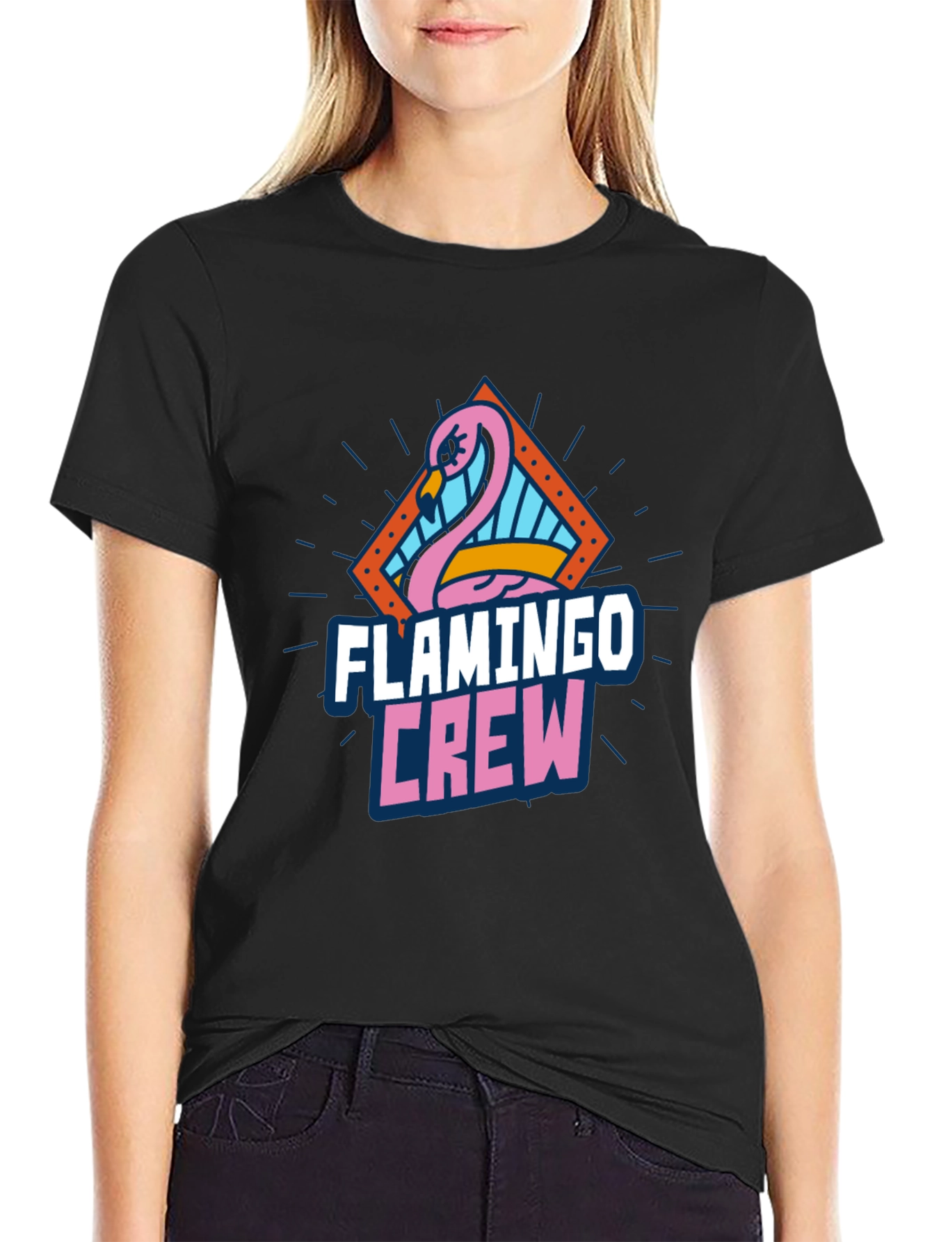 Flamingo Crew Graphic Tee - Black Cotton T-Shirt
