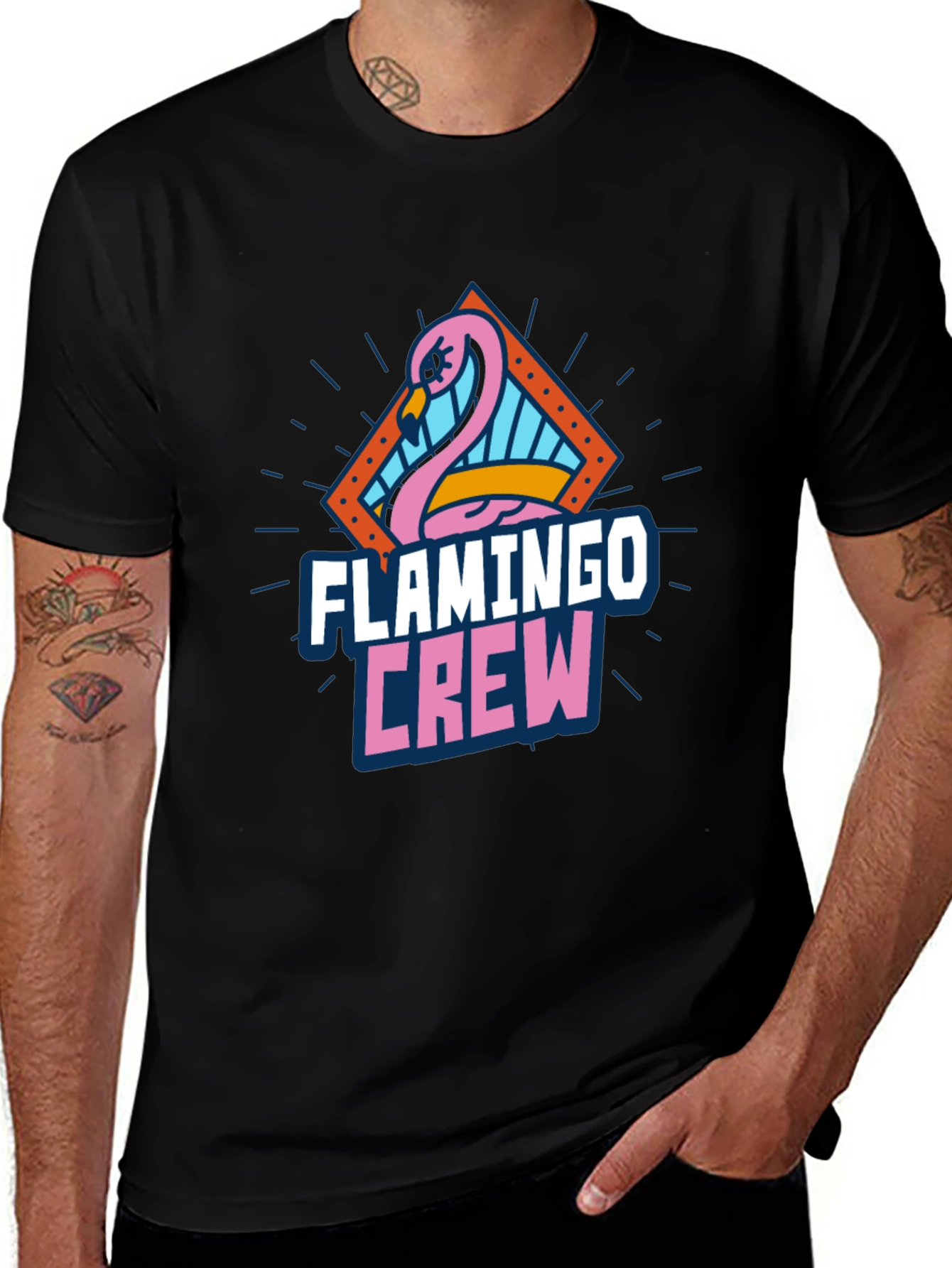 Flamingo Crew Graphic Tee - Black Cotton T-Shirt