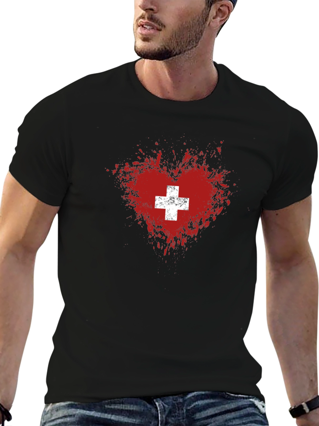 Swiss Heart T-Shirt - Distressed Flag Design
