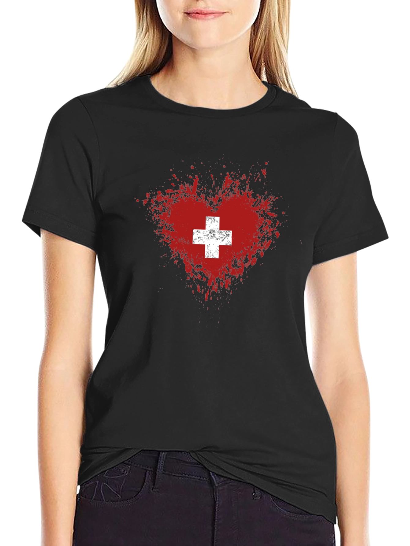 Swiss Heart T-Shirt - Distressed Flag Design