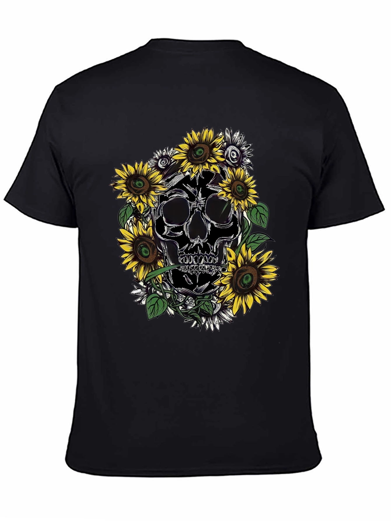 Skull & Sunflower Graphic Tee - Black Cotton T-Shirt