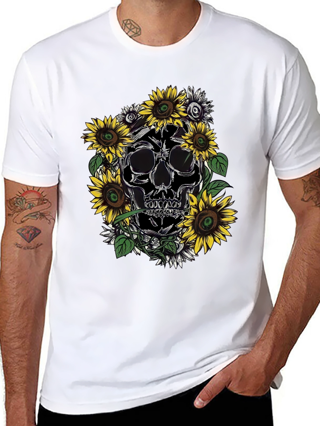 Skull & Sunflower Graphic Tee - Black Cotton T-Shirt