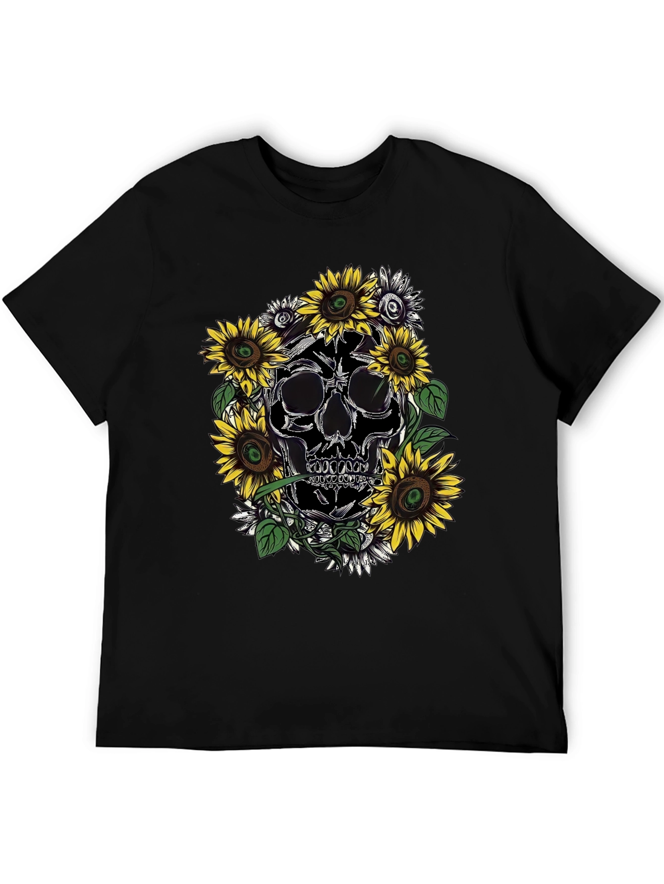 Skull & Sunflower Graphic Tee - Black Cotton T-Shirt