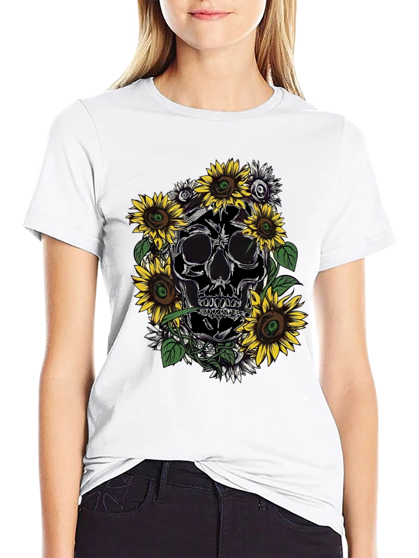 Skull & Sunflower Graphic Tee - Black Cotton T-Shirt