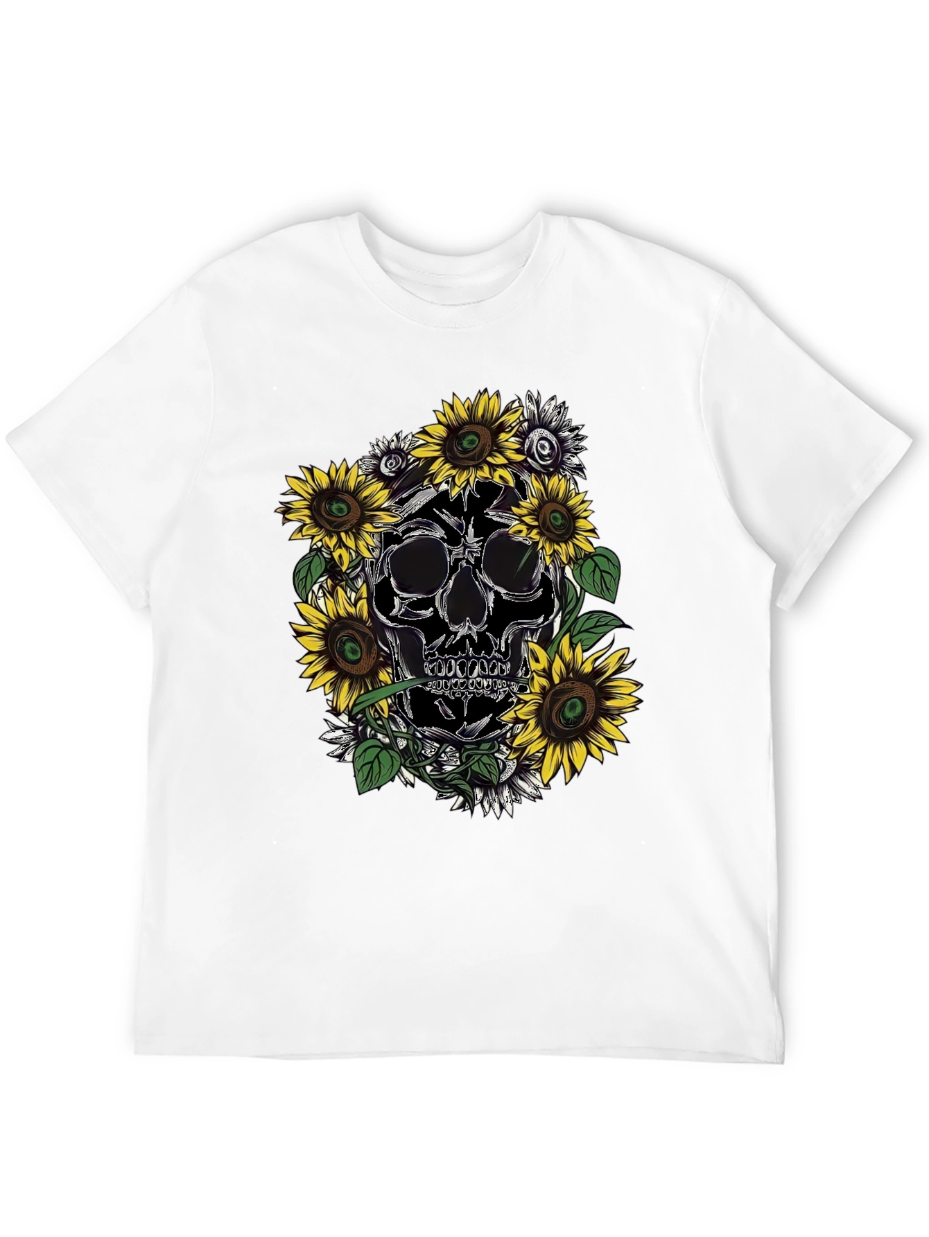 Skull & Sunflower Graphic Tee - Black Cotton T-Shirt